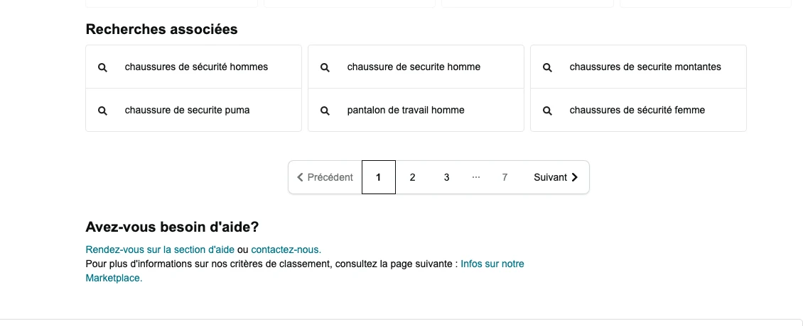 Capture d'une page de résultats Amazon en juillet 2026 avec sa pagination classique (pages numérotées 1 à 7, boutons précédent et suivant) sous les recherches associées : même le premier e-commerçant mondial pagine ses résultats de recherche