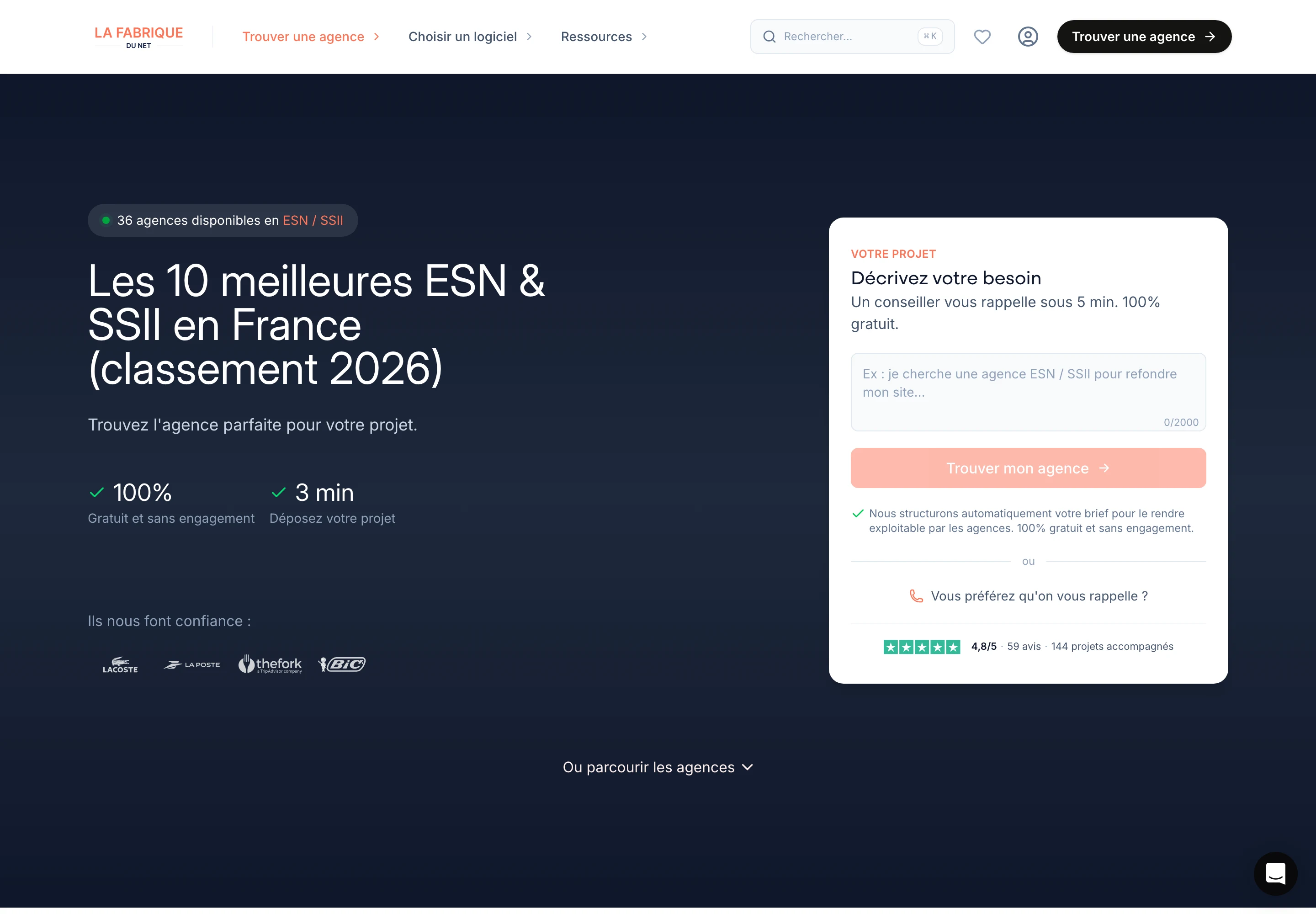 L'annuaire des ESN et prestataires informatiques de La Fabrique du Net : 36 agences disponibles, note 4,8/5 sur 59 avis et 144 projets accompagnés