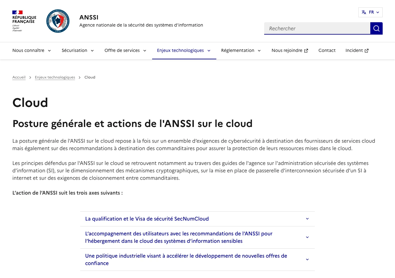 Capture de la page Cloud du site officiel de l'ANSSI (cyber.gouv.fr) en juillet 2026 : la qualification et le Visa de sécurité SecNumCloud, référence officielle française pour la souveraineté des données dans le cloud