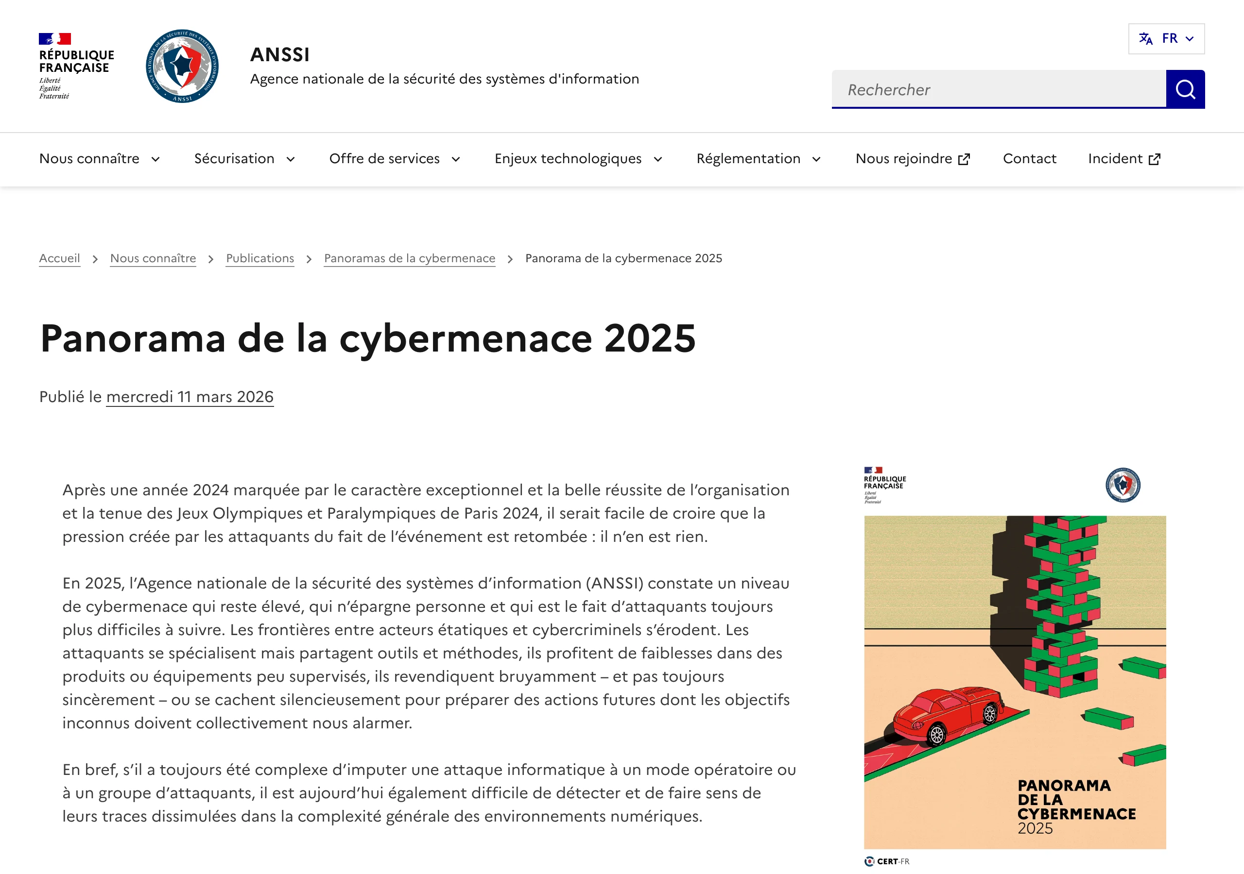 Capture du site officiel de l'ANSSI (cyber.gouv.fr) en juillet 2026 : le Panorama de la cybermenace 2025 publié le 11 mars 2026, la référence française pour suivre l'évolution des attaques visant notamment les PME
