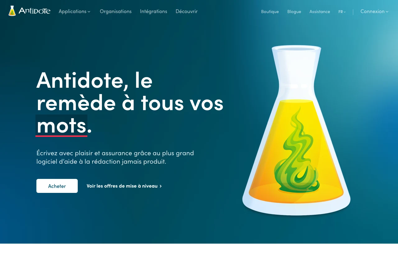 Capture d'Antidote en juillet 2026, le logiciel d'aide à la rédaction de référence en français : le contrôle qualité humain outillé, étape indispensable de la production de contenu assistée par IA