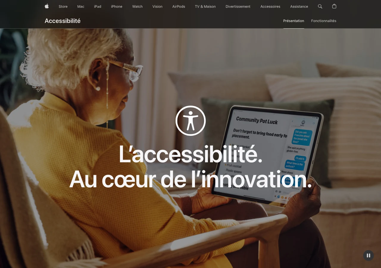 Capture de la page accessibilité d'Apple France en juillet 2026 : « L'accessibilité. Au cœur de l'innovation », l'exemple d'une marque majeure qui fait de l'inclusion un argument produit et non une contrainte réglementaire