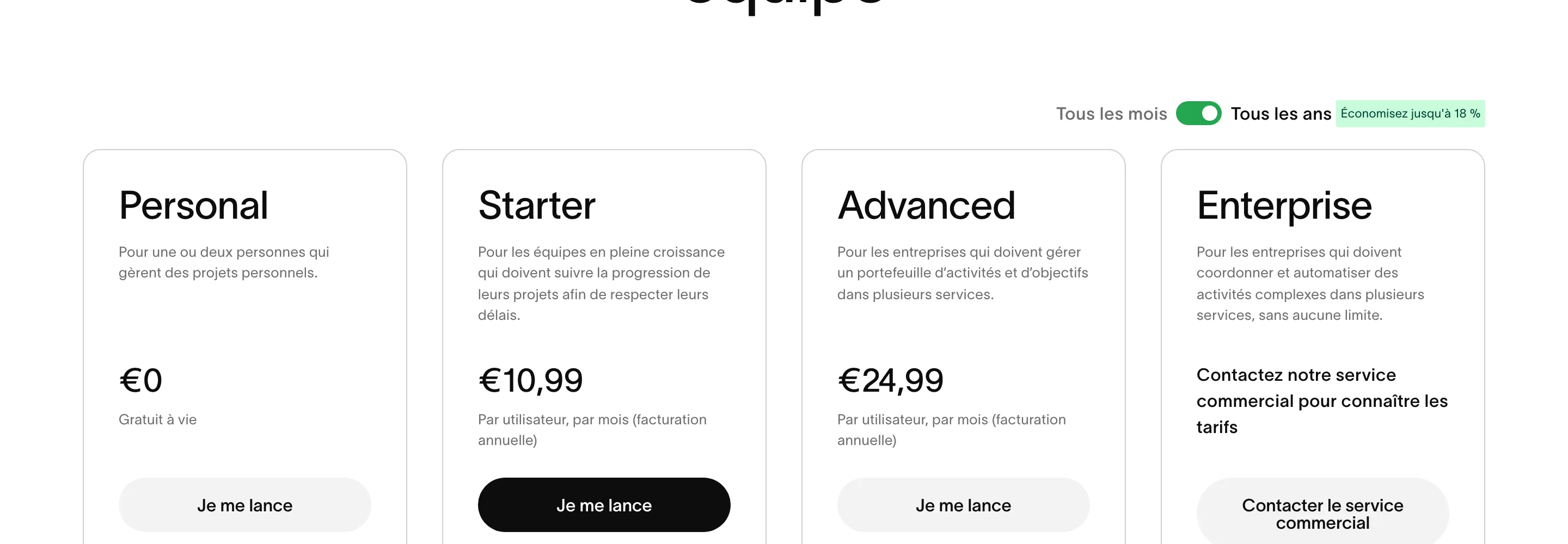Formules et tarifs d'Asana relevés le 06/07/2026 sur asana.com : Personal gratuit, Starter 10,99 euros, Advanced 24,99 euros par utilisateur et par mois
