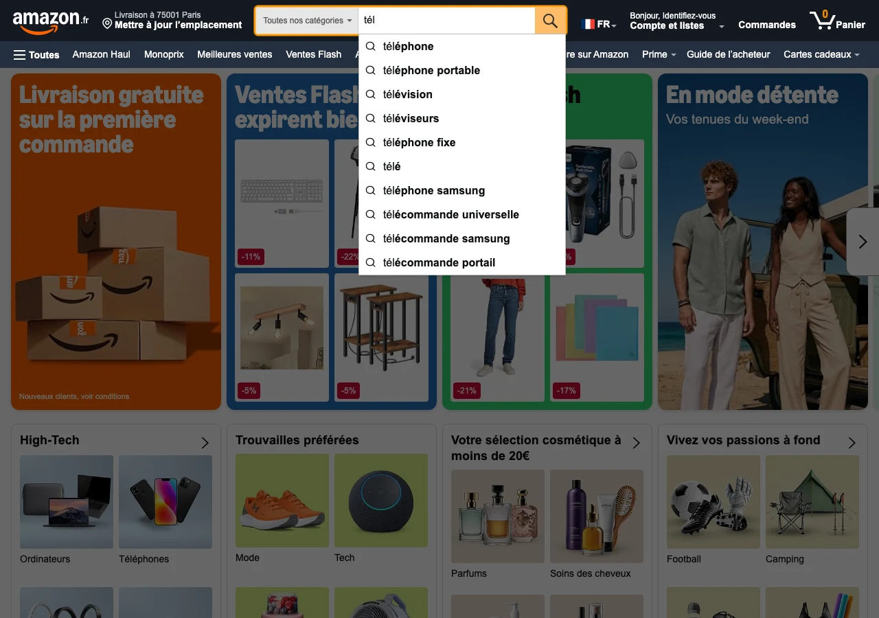 Capture de l'autocomplétion du moteur de recherche interne d'Amazon France en juillet 2026 : la saisie de « tél » déclenche les suggestions téléphone, téléphone portable, télévision, télécommande, l'exemple type des suggestions dès le troisième caractère