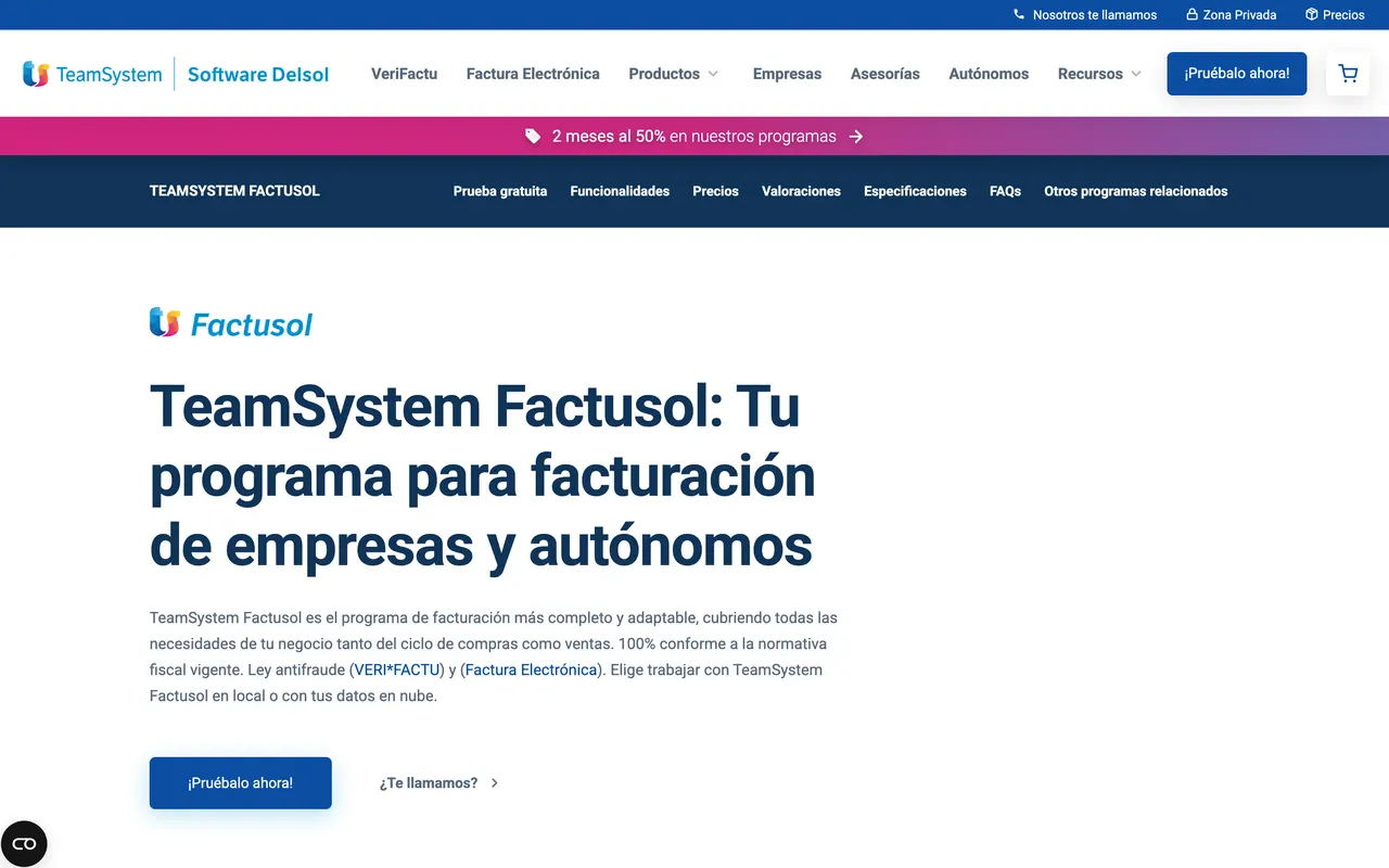 TeamSystem Factusol, programa de facturación para autónomos (julio de 2026)
