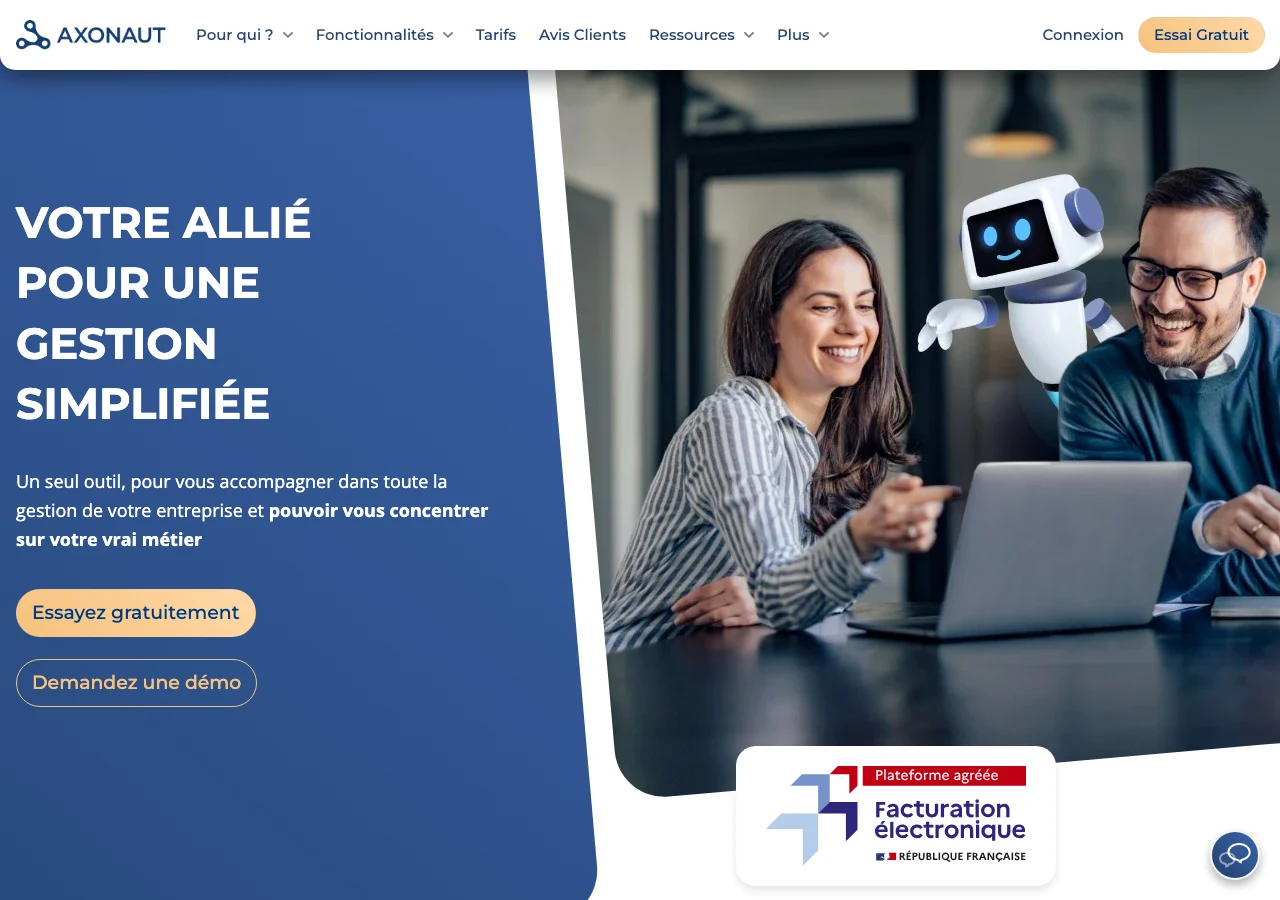 Capture du site d'Axonaut en juillet 2026, CRM et logiciel de gestion français cité dans l'article, qui met en avant sa conformité (plateforme agréée facturation électronique) : l'argument de souveraineté des données devenu critère de cahier des charges