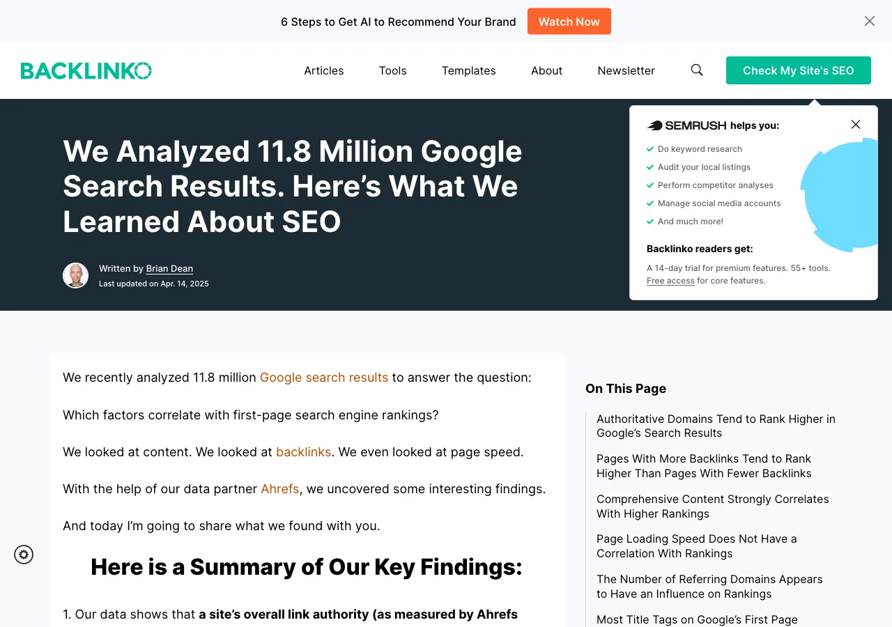 Capture de l'étude Backlinko « We Analyzed 11.8 Million Google Search Results » en juillet 2026 : l'exemple type du contenu linkable, une étude à chiffres exclusifs citée en source par des milliers d'articles SEO