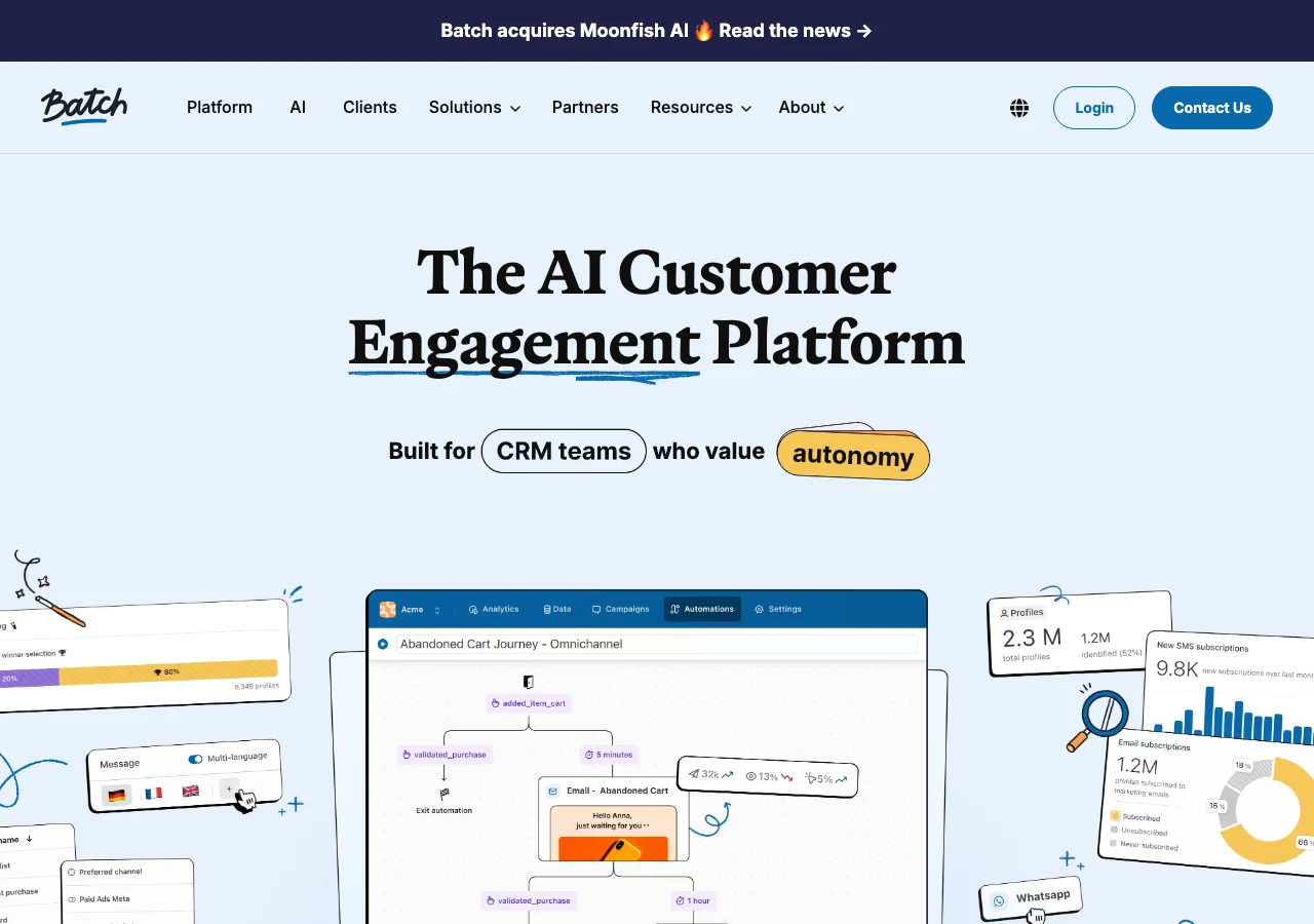 Capture de la page d'accueil de Batch en juillet 2026, la plateforme française d'engagement client CRM mobile, avec son éditeur de parcours omnicanal : le type d'outil utilisé pour orchestrer messages in-app, emails et notifications