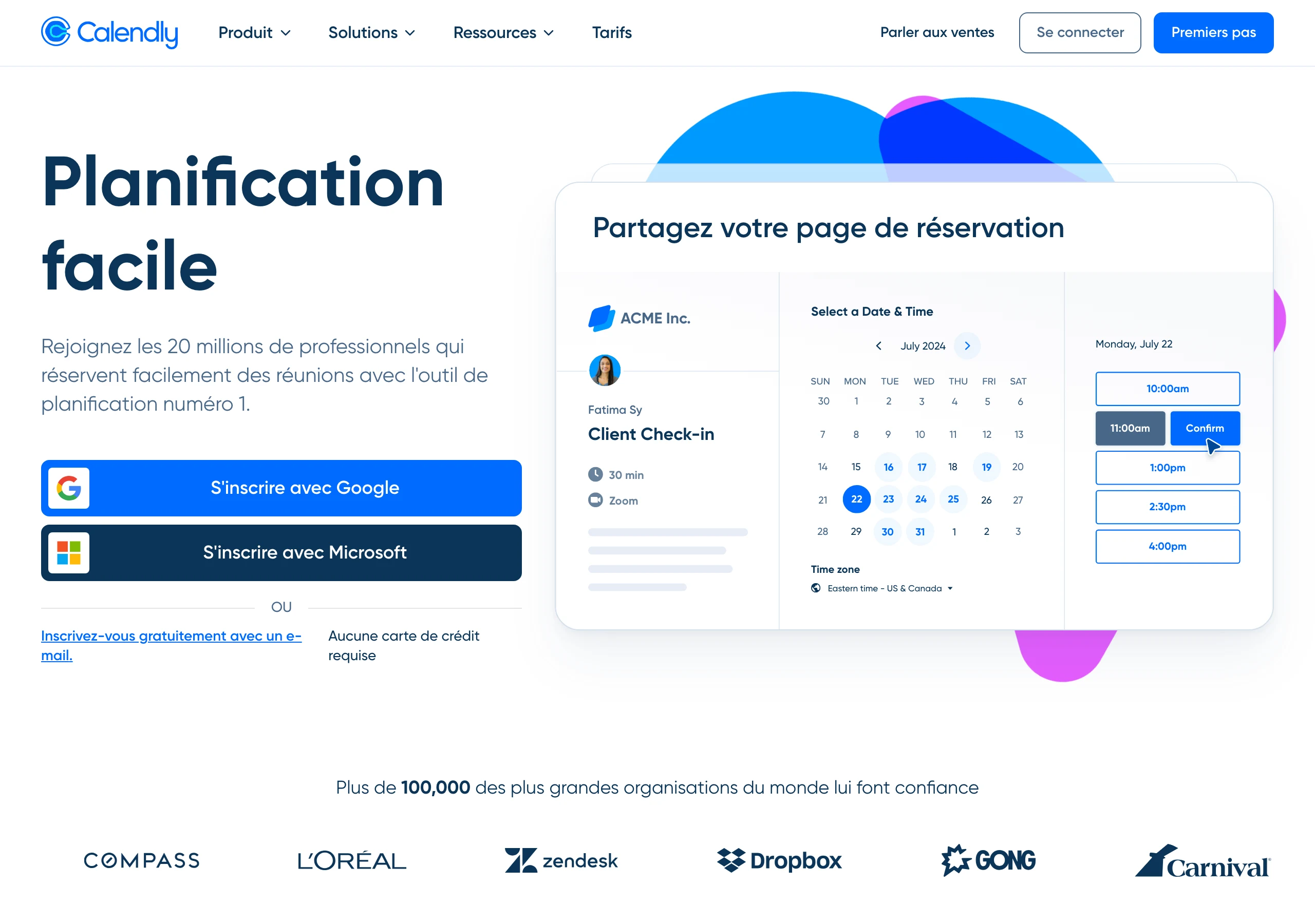 Capture de la page d'accueil française de Calendly en juillet 2026 : la prise de rendez-vous sans friction, avec la micro-copie de réassurance « aucune carte de crédit requise » et les logos L'Oréal, Zendesk et Dropbox en preuve sociale
