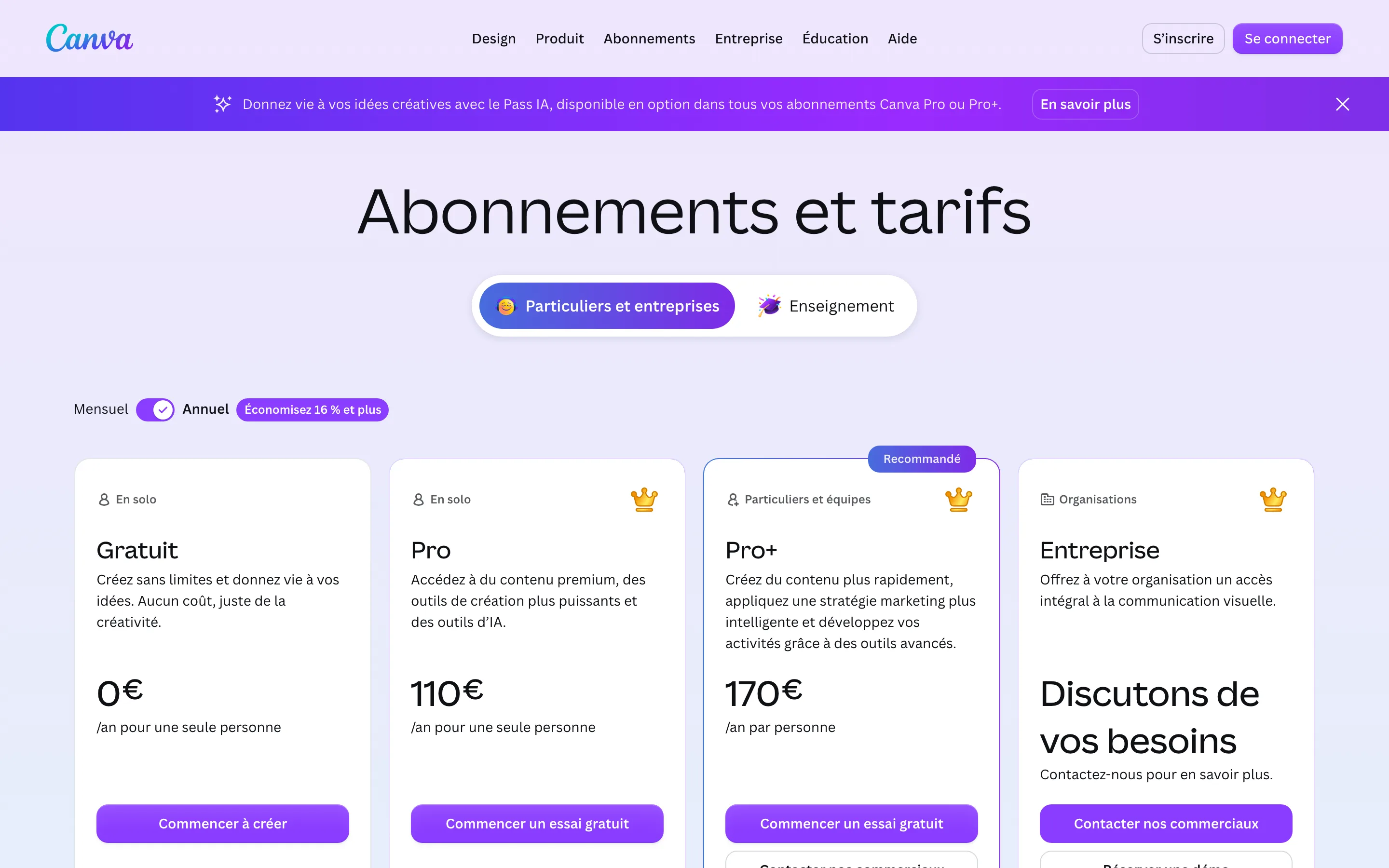 Page tarifs de Canva avec quatre offres : Gratuit, Pro, Pro+ et Entreprise. Capture réalisée le 6 juillet 2026.