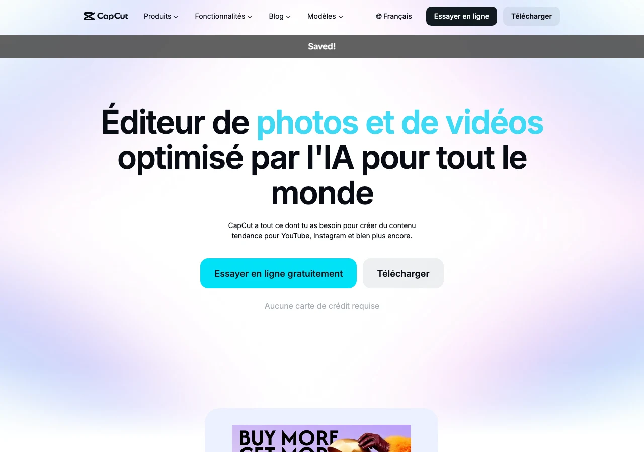 Capture de CapCut en juillet 2026, éditeur de vidéos optimisé par IA : l'outil type pour monter les variations de créatives UGC et lo-fi au rythme d'une boucle d'itération hebdomadaire