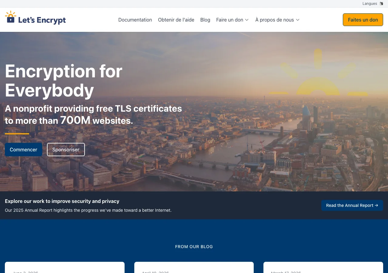 Page d'accueil de Let's Encrypt, autorité de certification SSL gratuite à but non lucratif