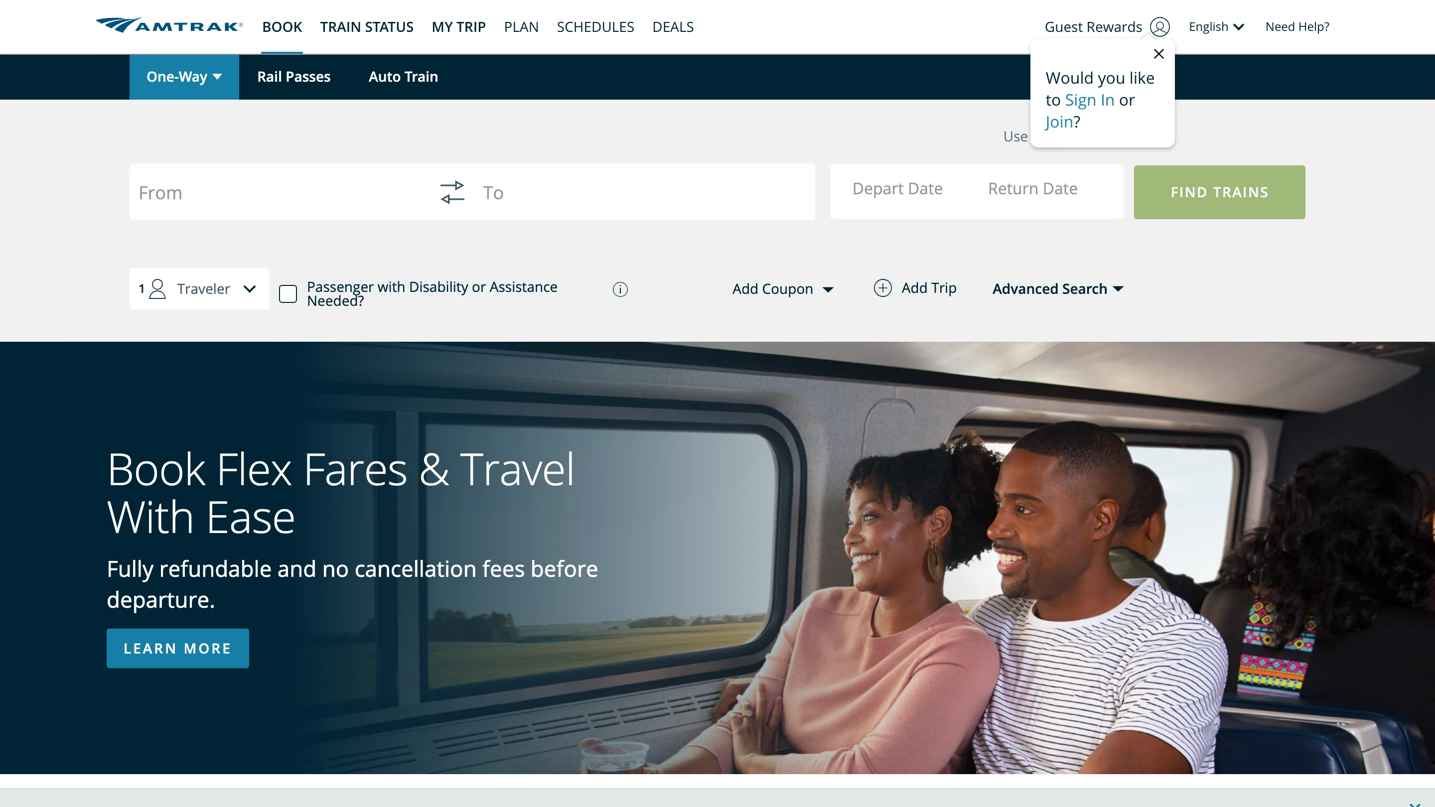 Site de la compagnie ferroviaire Amtrak, dont l'assistant Julie guide la réservation et le support, relevé en juillet 2026