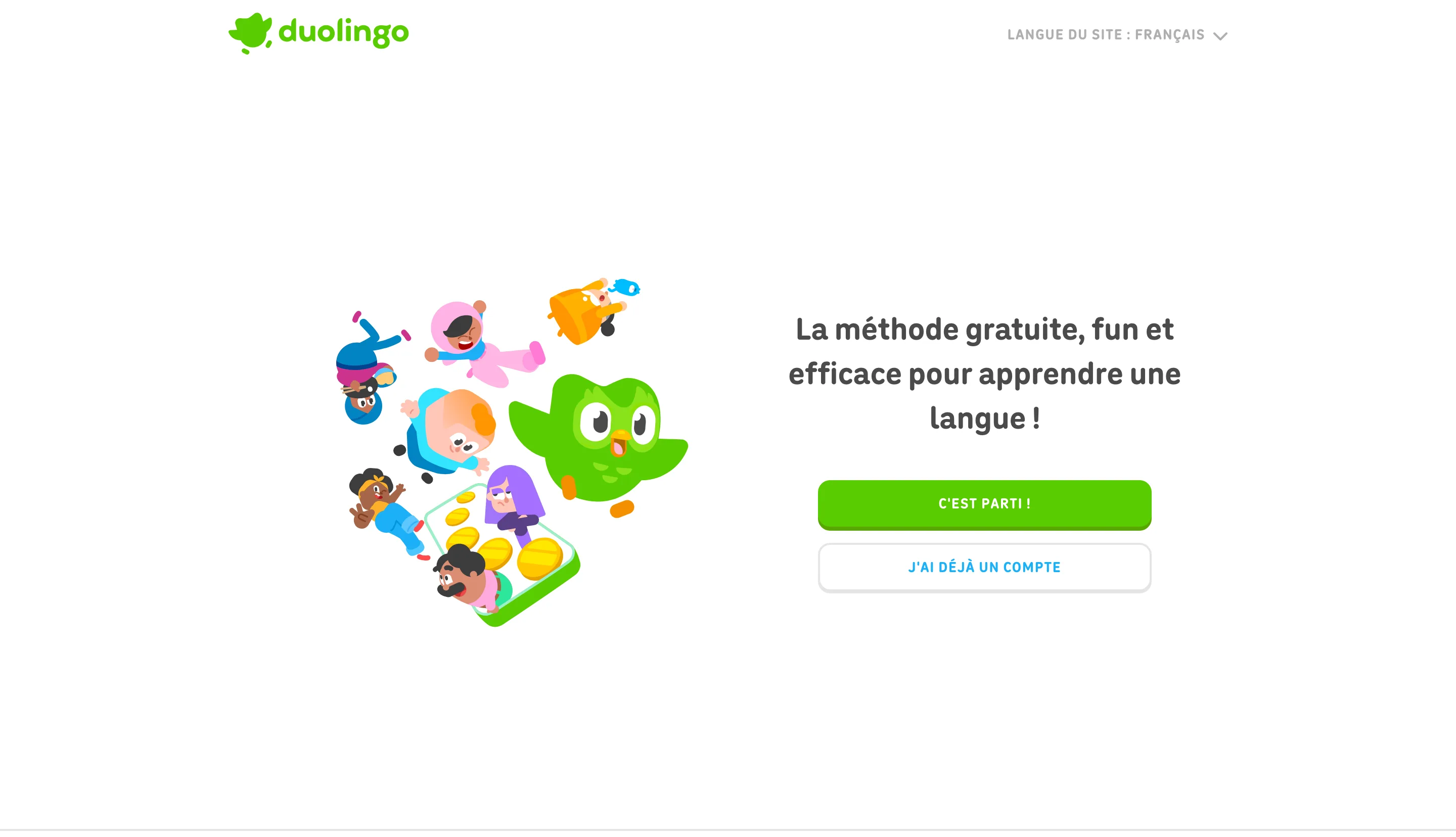Page d'accueil de Duolingo, dont l'offre Max propose des conversations d'entraînement générées par IA, relevée en juillet 2026