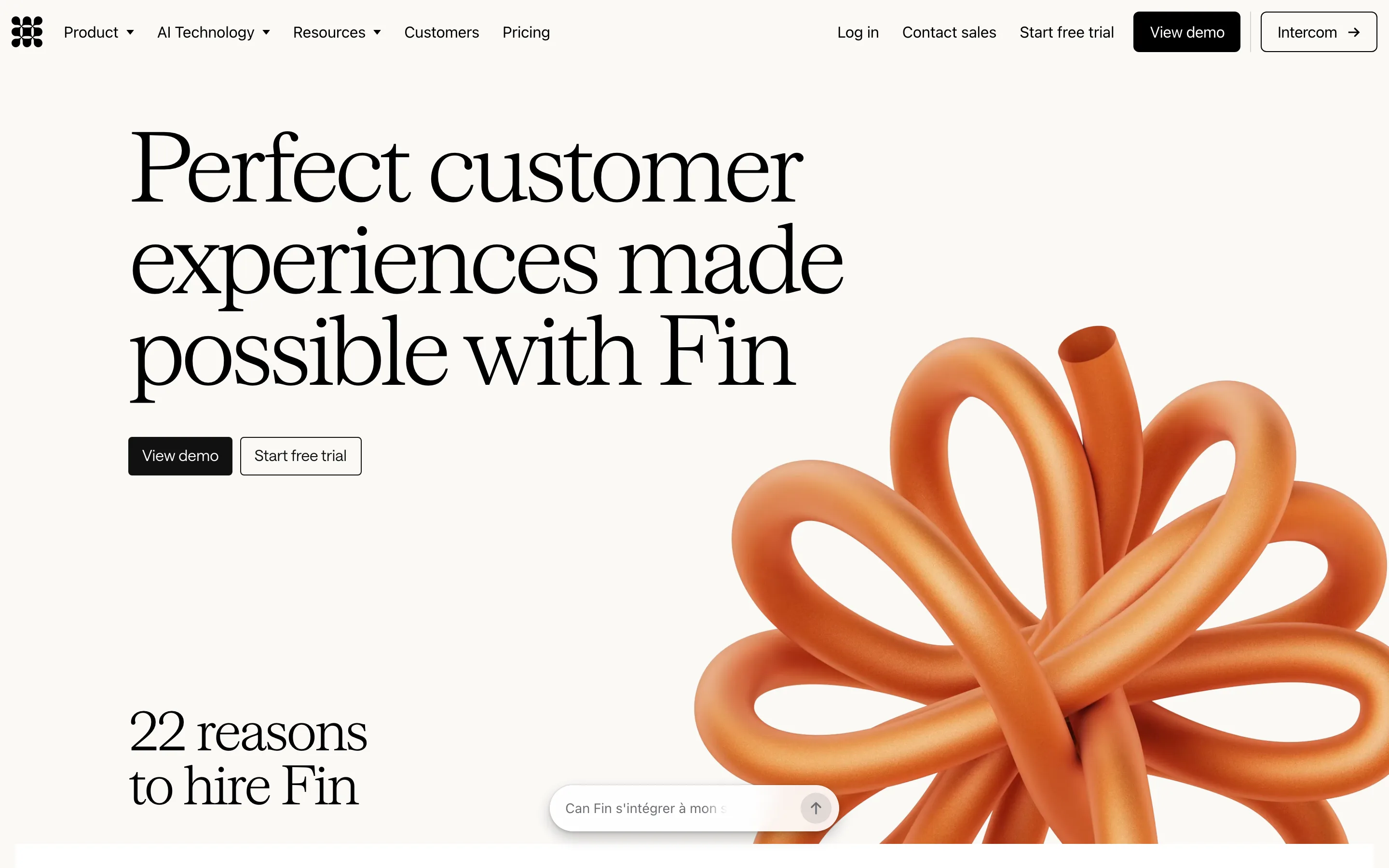 Page de l'agent IA Fin d'Intercom dédié à l'expérience client, relevée en juillet 2026