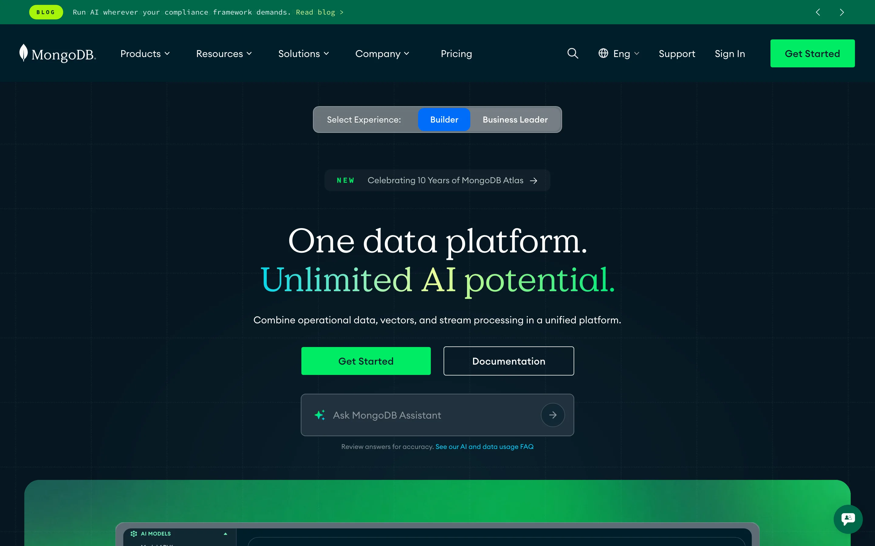 Site de MongoDB proposant un assistant IA et un chat de qualification des visiteurs, relevé en juillet 2026