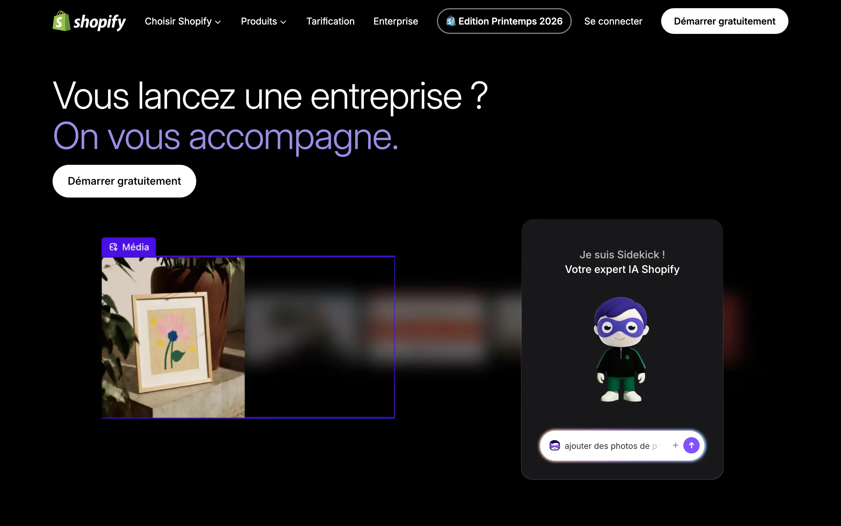 Assistant IA Sidekick présenté sur le site de Shopify pour accompagner les marchands, relevé en juillet 2026