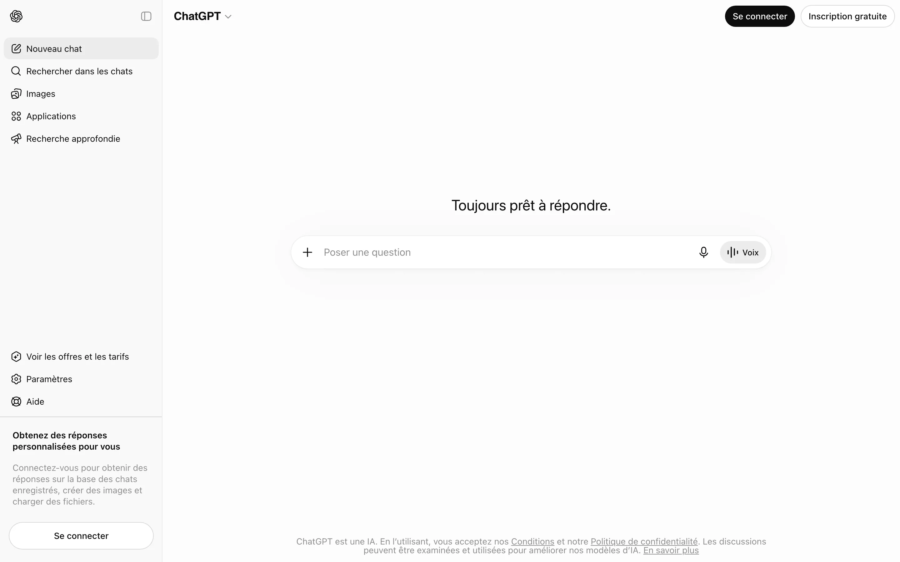 Page d'accueil de ChatGPT avec les boutons Se connecter et Inscription gratuite, capture du 6 juillet 2026