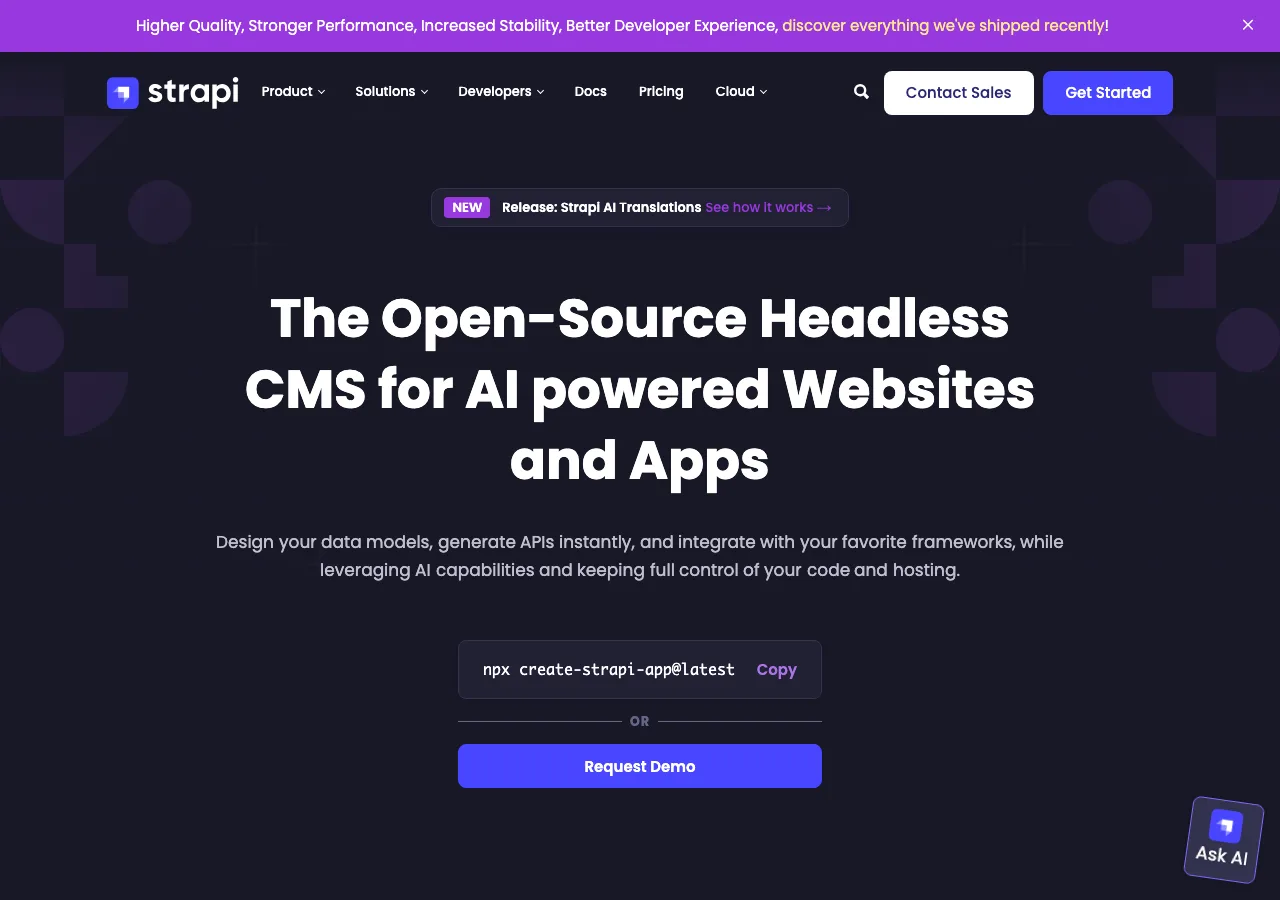 Page d'accueil de Strapi, CMS headless open source