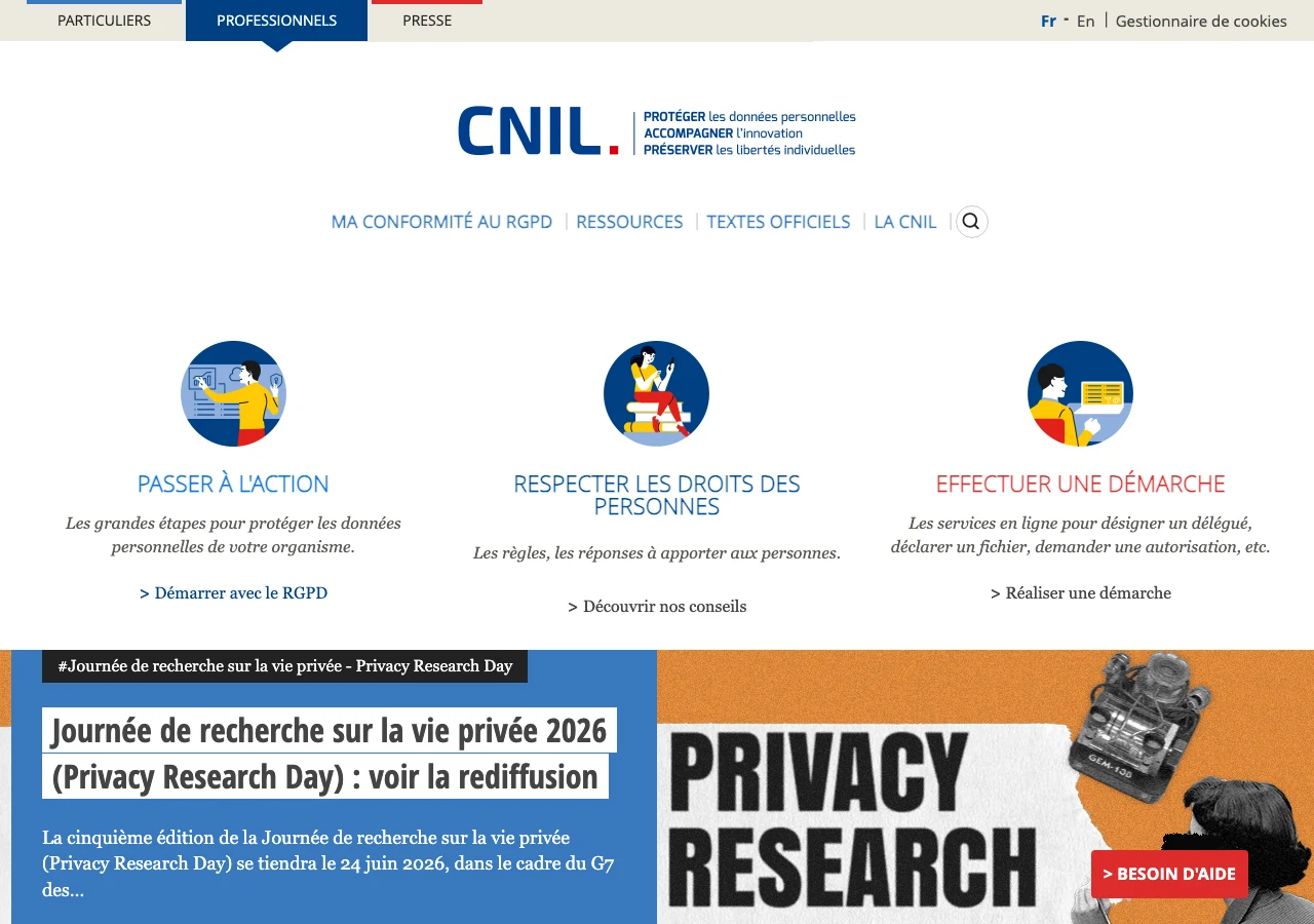 Capture de l'espace professionnel de la CNIL en juillet 2026 : les ressources officielles de mise en conformité RGPD, le passage obligé d'une migration logicielle qui touche des données personnelles