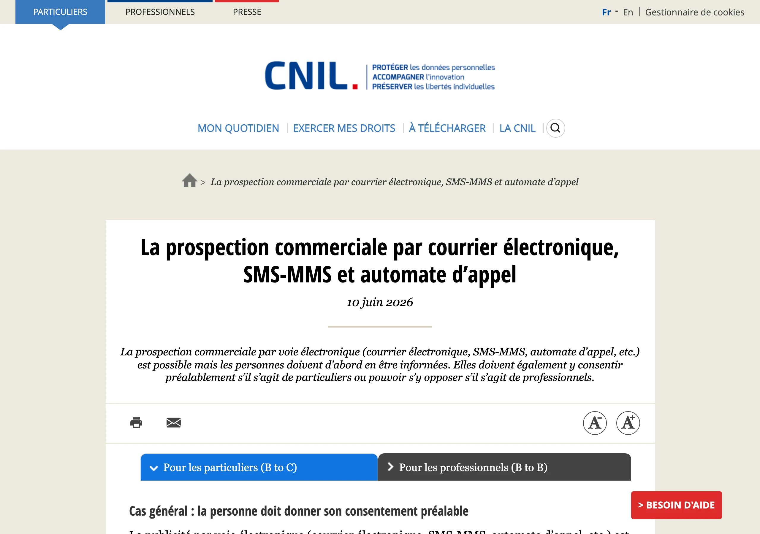 Capture de la fiche officielle de la CNIL sur la prospection commerciale par courrier électronique, mise à jour le 10 juin 2026, avec la distinction entre le régime des particuliers (B to C) et celui des professionnels (B to B)