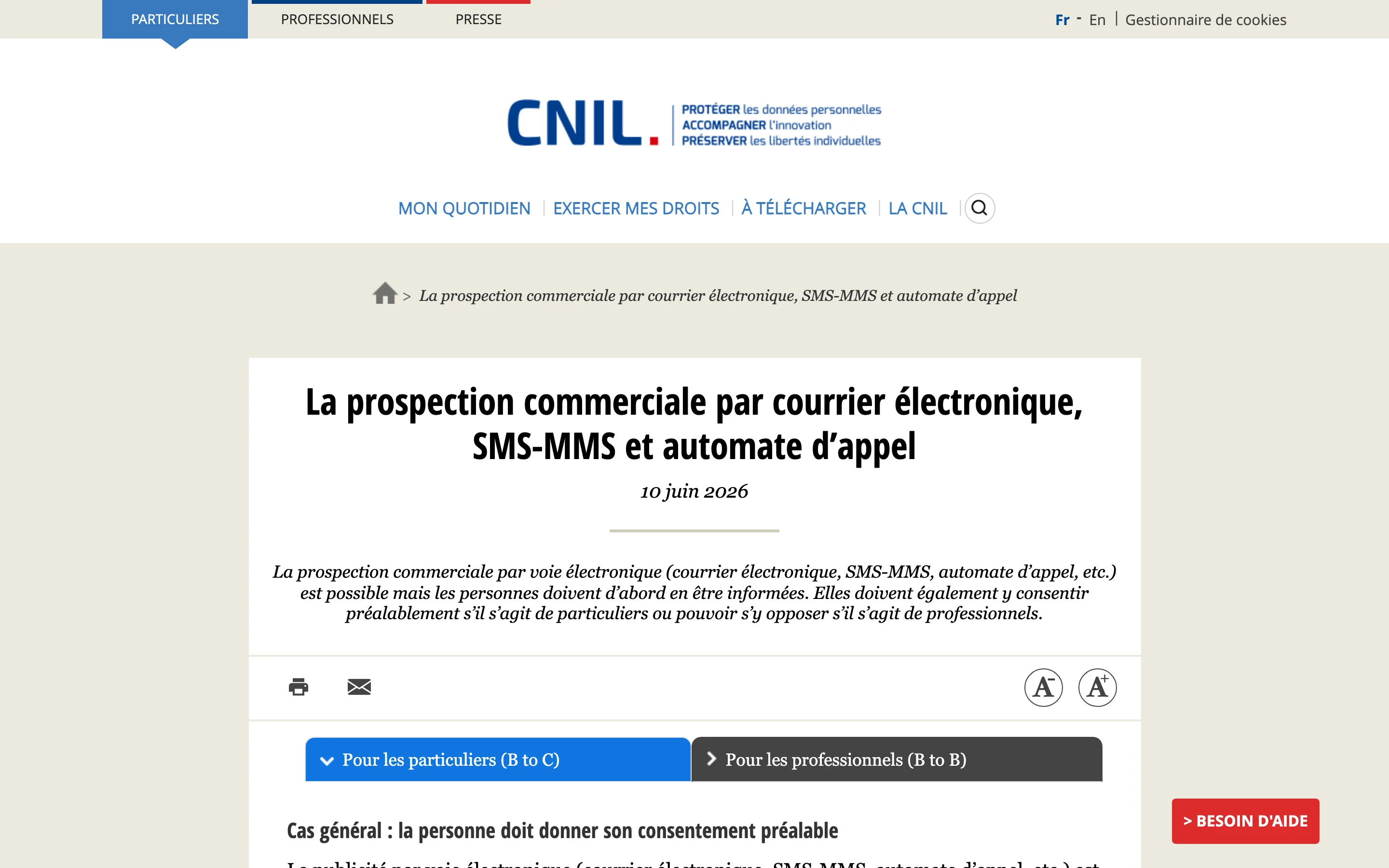 Page de la CNIL détaillant les règles de prospection commerciale par courrier électronique en B to C et B to B