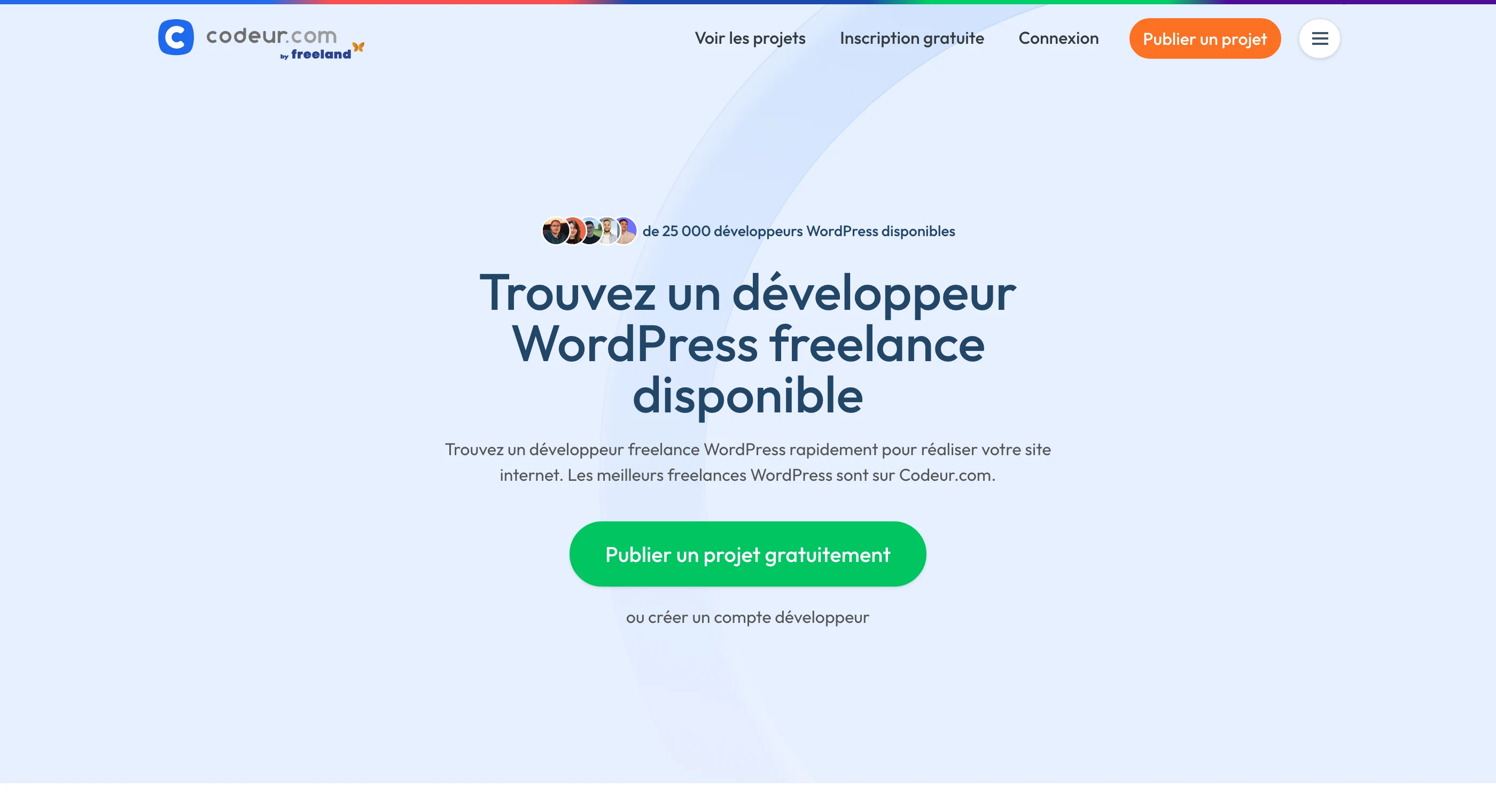 La page développeur WordPress freelance de Codeur.com en 2026 : plus de 25 000 développeurs WordPress disponibles, publication de projet gratuite