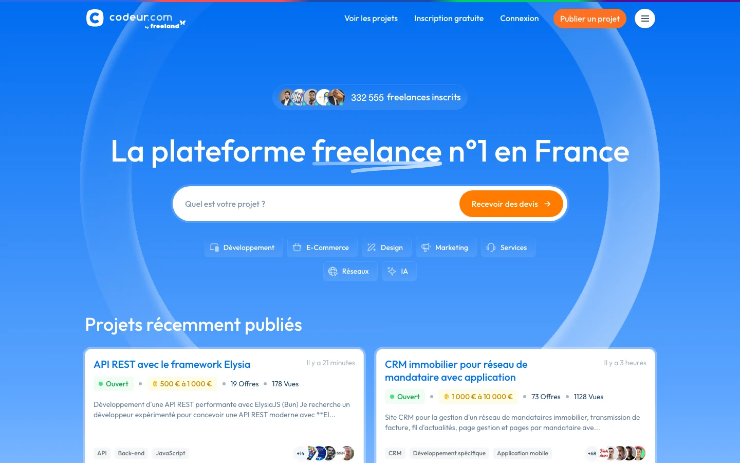 Codeur.com en 2026 : 332 000 freelances inscrits, projets récents affichés avec budgets