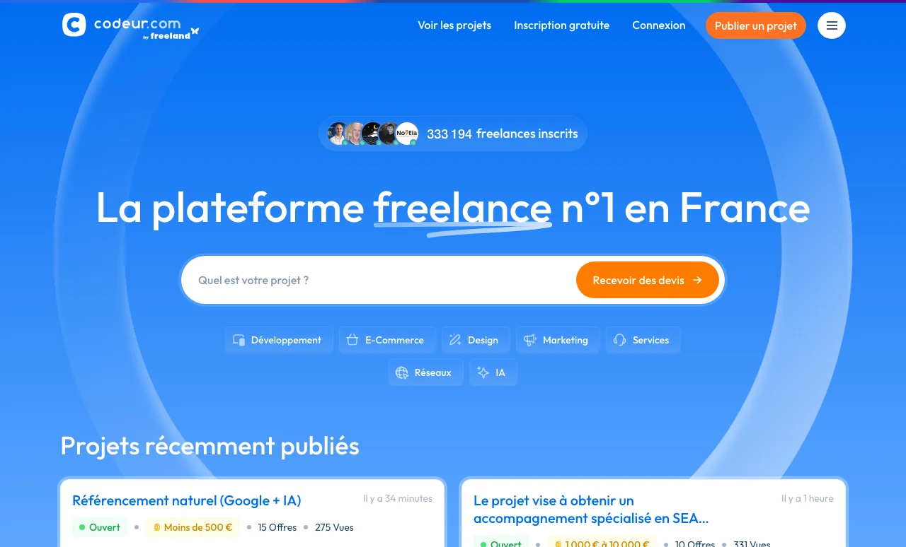 Capture de Codeur.com en juillet 2026 : la plateforme française de freelances avec ses projets récemment publiés, l'un des principaux canaux de sourcing pour trouver un prestataire web indépendant