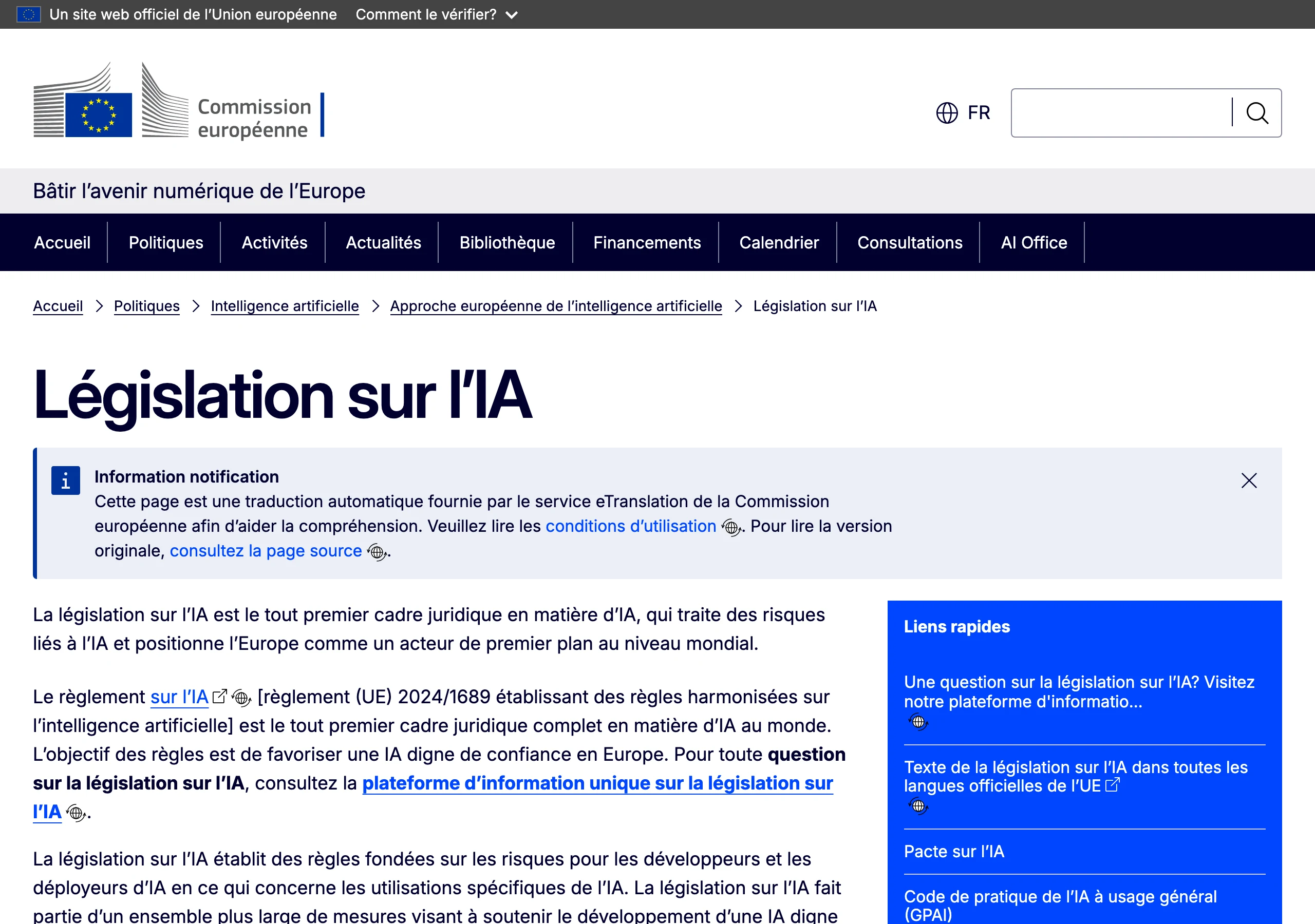 Capture de la page officielle de la Commission européenne sur la législation sur l'IA en juillet 2026 : le règlement (UE) 2024/1689, premier cadre juridique complet en matière d'intelligence artificielle au monde