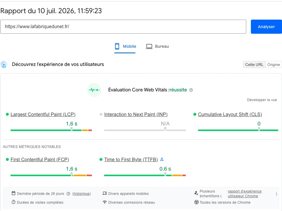 Capture PageSpeed Insights de juillet 2026 sur lafabriquedunet.fr : les Core Web Vitals réels de notre propre site, le type de contrôle à refaire à J+30 après toute refonte