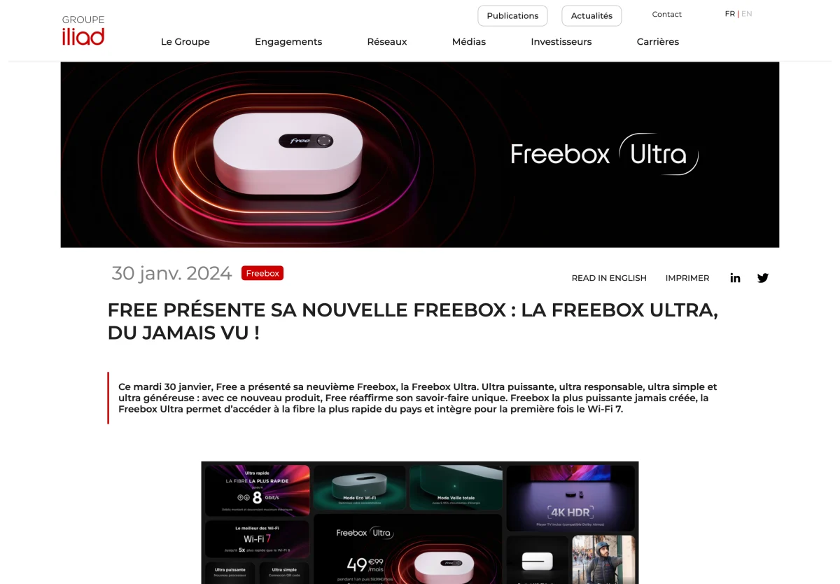 Annonce officielle du groupe iliad : Free présente sa nouvelle Freebox Ultra, janvier 2024