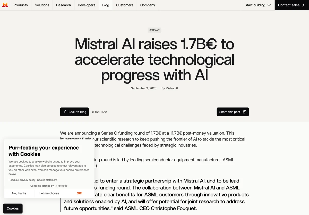 Annonce officielle de Mistral AI : levée de 1,7 milliard d'euros en série C, septembre 2025