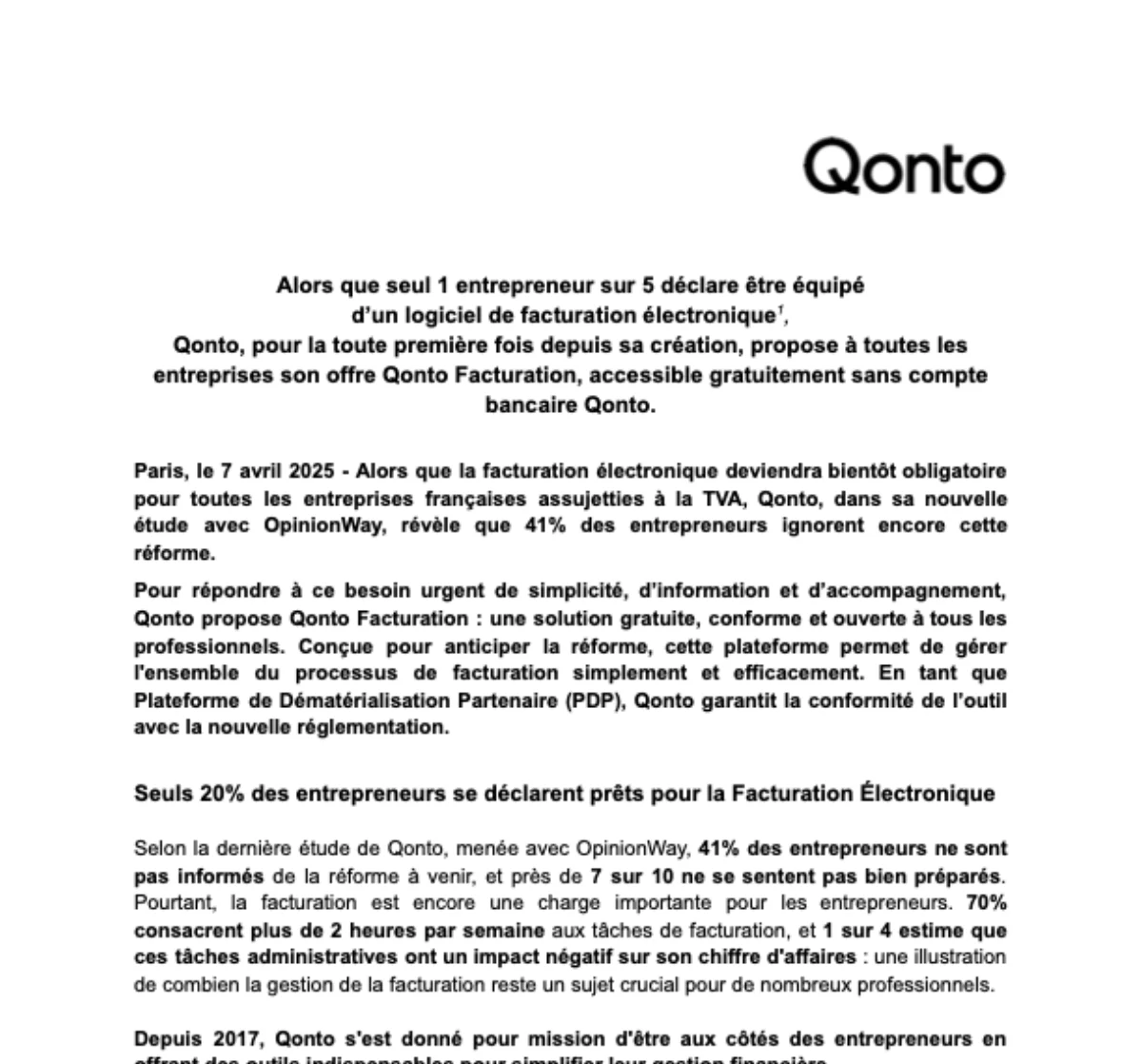 Première page du communiqué de presse officiel de Qonto annonçant Qonto Facturation, avril 2025