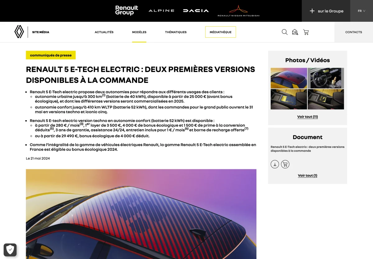 Communiqué du site média officiel de Renault : Renault 5 E-Tech electric, deux premières versions disponibles à la commande