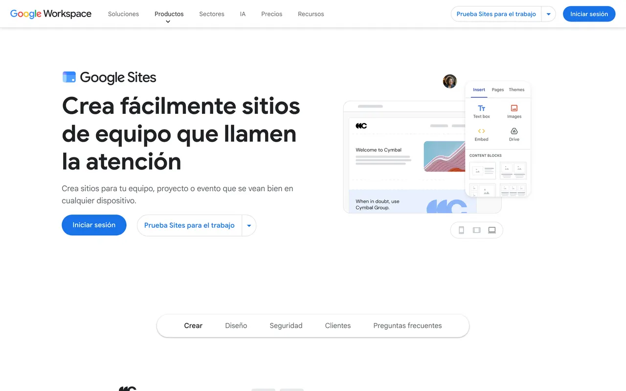 Página de Google Sites en español dentro de Google Workspace