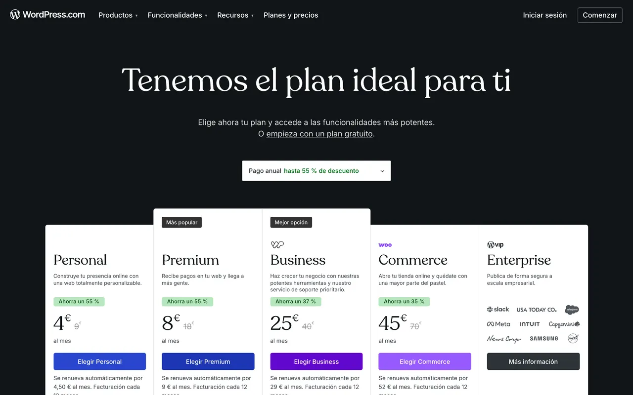 Planes y precios de WordPress.com en español: el plan gratuito y el plan Personal desde 4 euros al mes