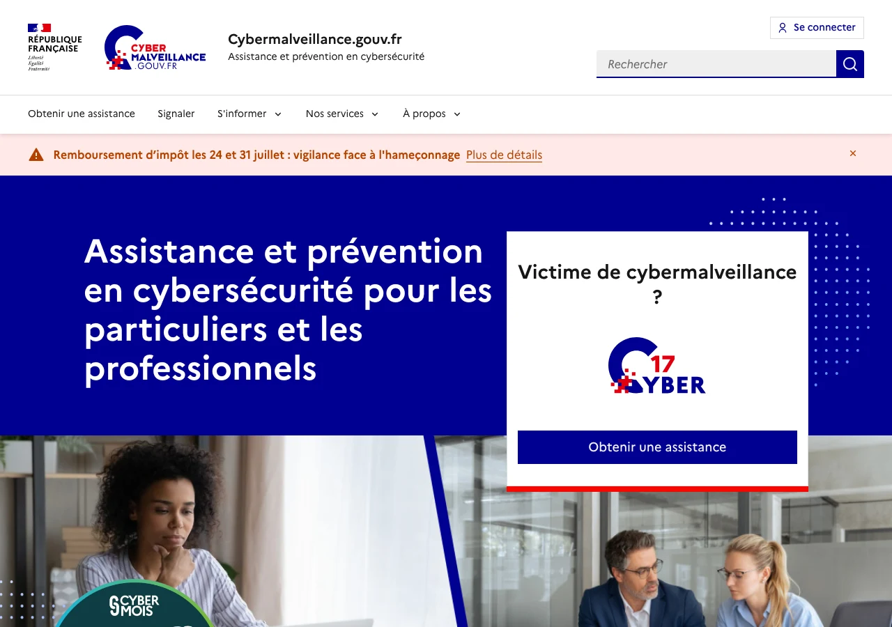 Capture de Cybermalveillance.gouv.fr en juillet 2026 : le dispositif officiel d'assistance et de prévention en cybersécurité, qui référence les prestataires labellisés ExpertCyber et propose le 17Cyber pour les victimes