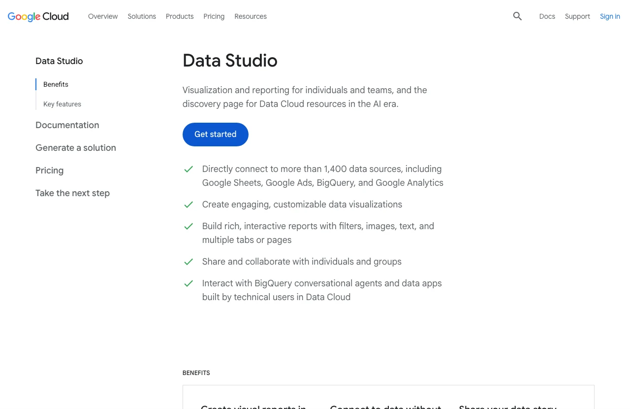 Capture de la page Data Studio de Google Cloud en juillet 2026 : l'outil gratuit de visualisation et de reporting connecté à plus de 1 400 sources de données, la brique centrale d'un reporting social media automatisé