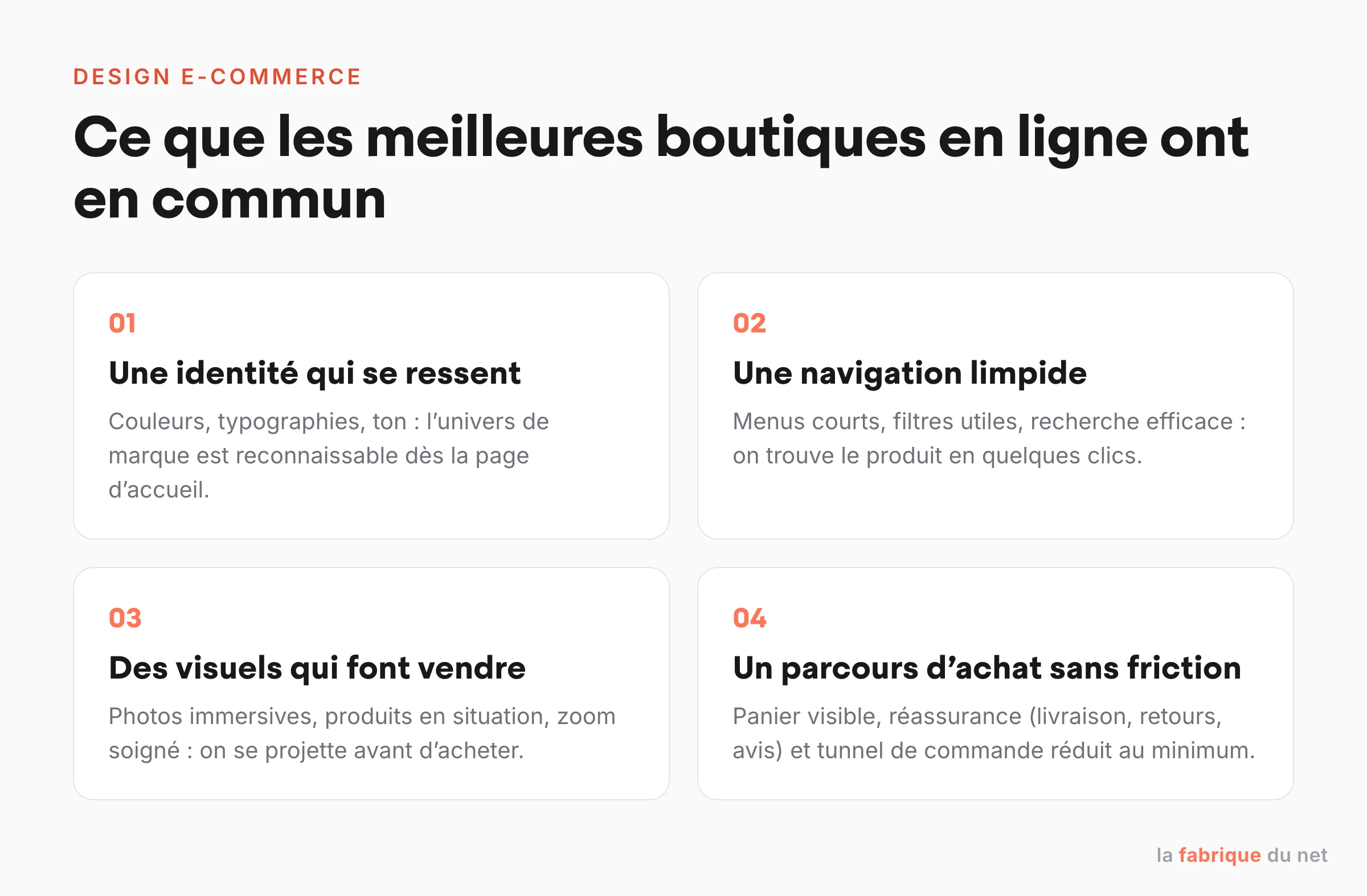 Les 4 piliers d'un design e-commerce réussi : identité de marque, navigation limpide, visuels qui font vendre, parcours d'achat sans friction