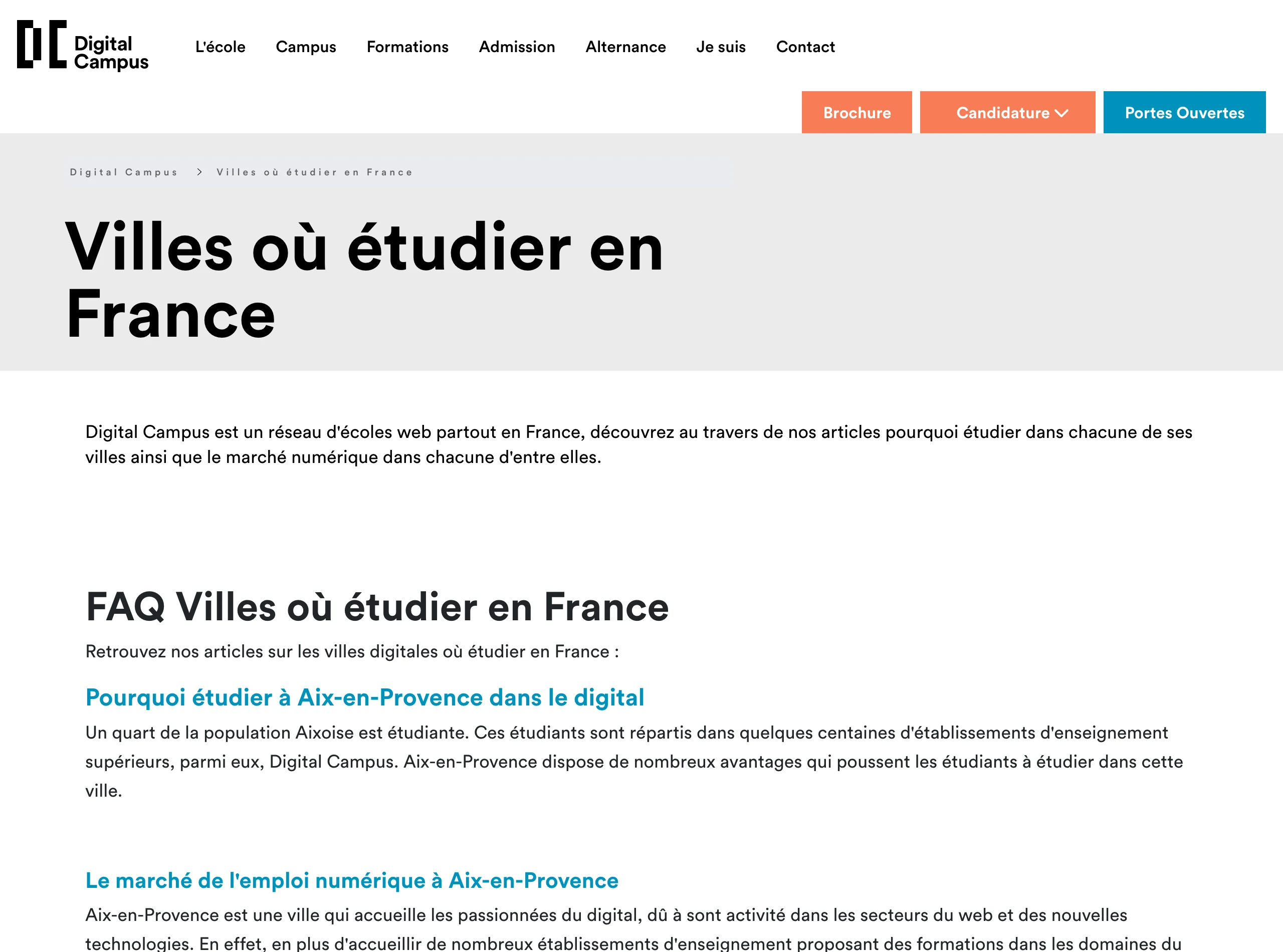 Capture de la page « Villes où étudier en France » de Digital Campus en juillet 2026 : le réseau d'écoles web présent dans une douzaine de villes françaises dont Paris, Lyon, Bordeaux, Nantes et Strasbourg, la vérification en un coup d'œil de la colonne écoles du tableau