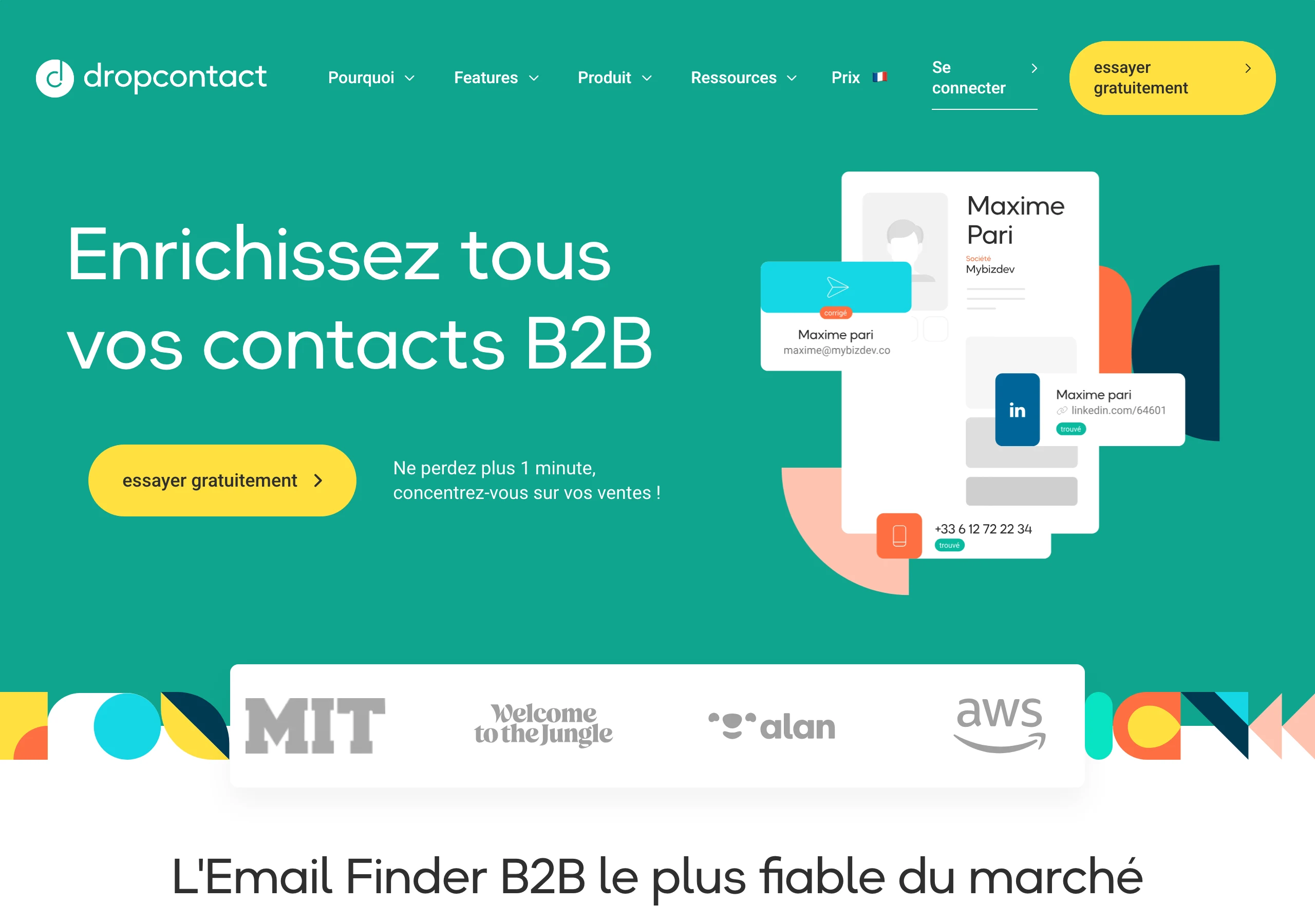Capture de Dropcontact en juillet 2026, solution française d'enrichissement d'emails B2B qui se positionne 100 % RGPD en travaillant par algorithme plutôt que par base de données stockée