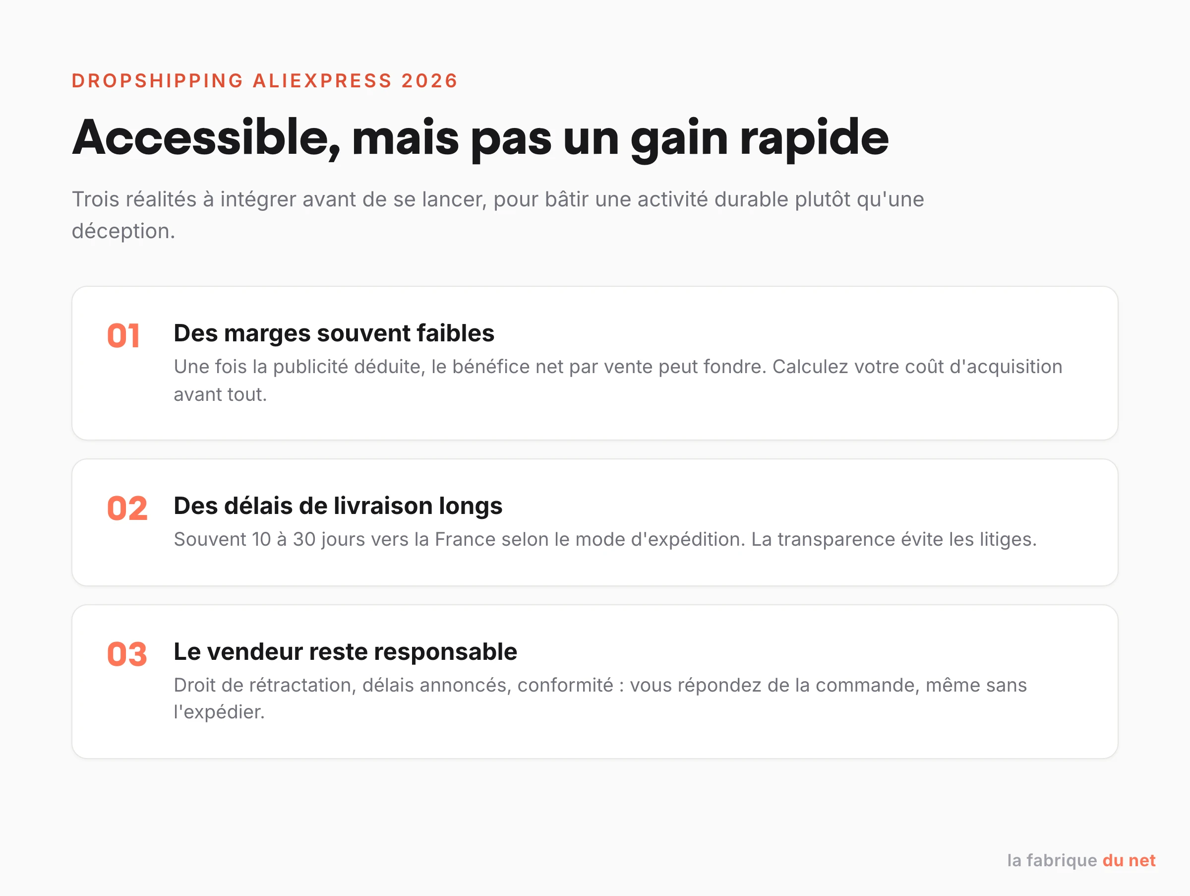 Trois réalités du dropshipping AliExpress en 2026 : marges faibles, délais longs, responsabilité du vendeur