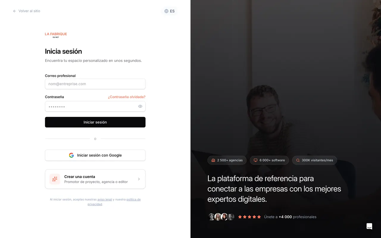 Ejemplo de página web privada: pantalla de inicio de sesión de La Fabrique du Net