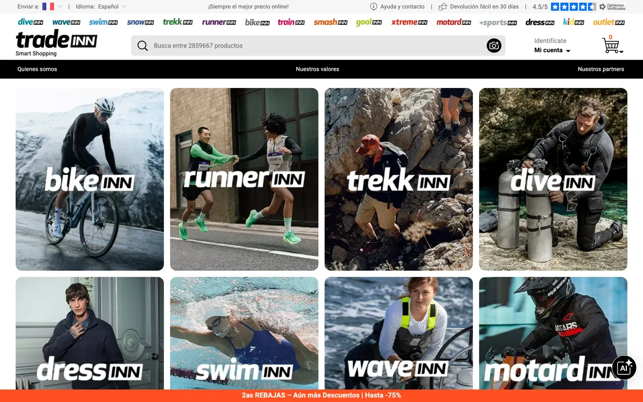 Ejemplo de diseño de tienda online de deporte: Tradeinn y sus tiendas especializadas