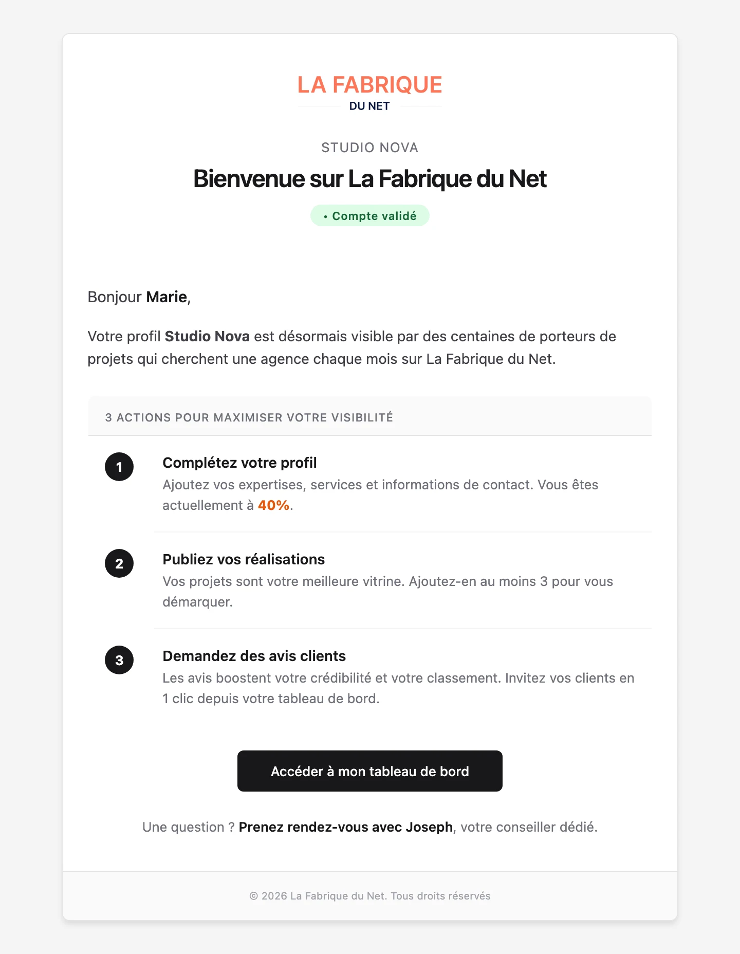 Exemple réel d'email de bienvenue automatisé : le message d'onboarding envoyé par La Fabrique du Net à chaque nouvelle agence inscrite, avec 3 actions personnalisées