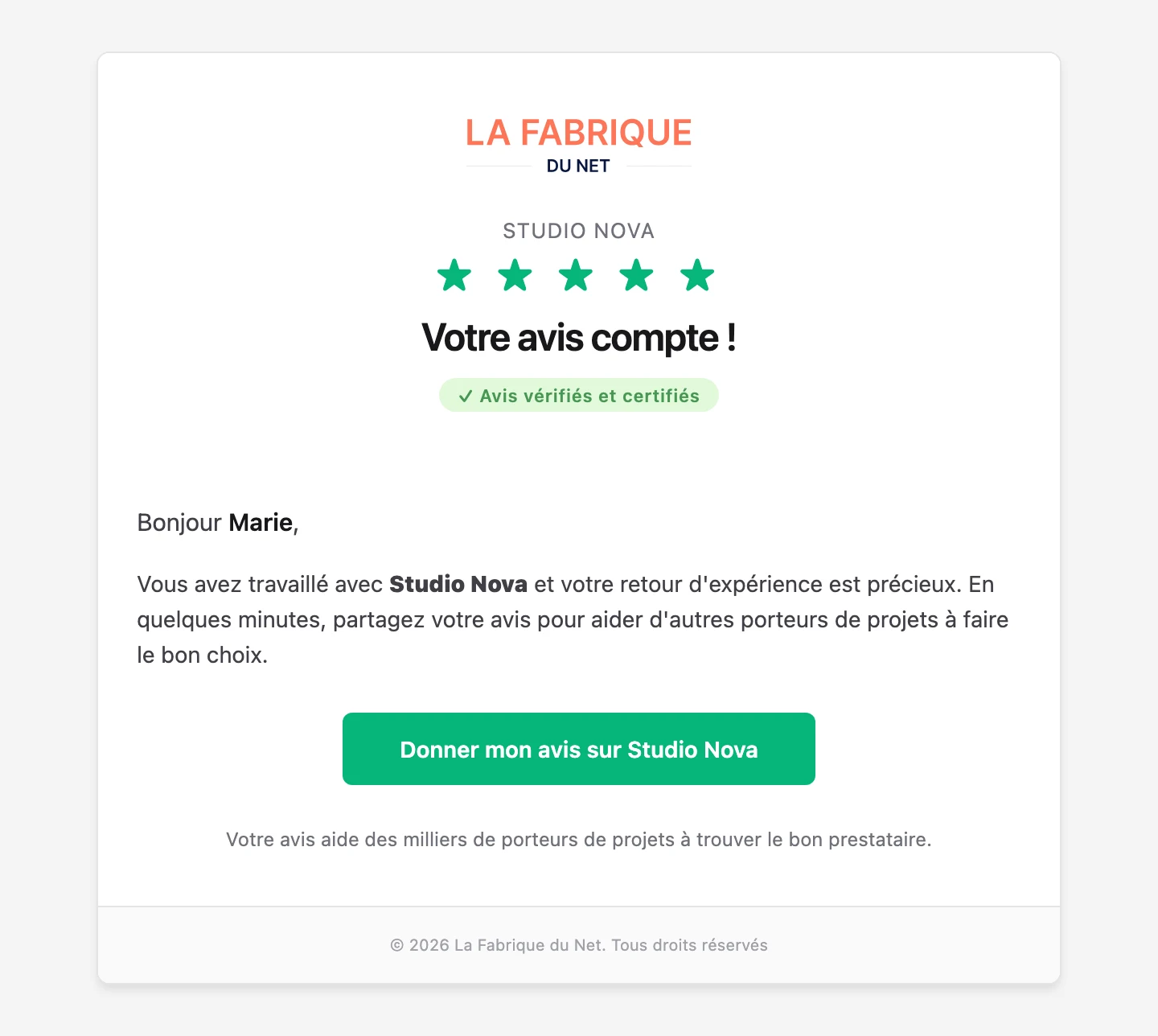 Exemple réel d'email automatisé de demande d'avis client : le message envoyé par La Fabrique du Net après une mise en relation aboutie