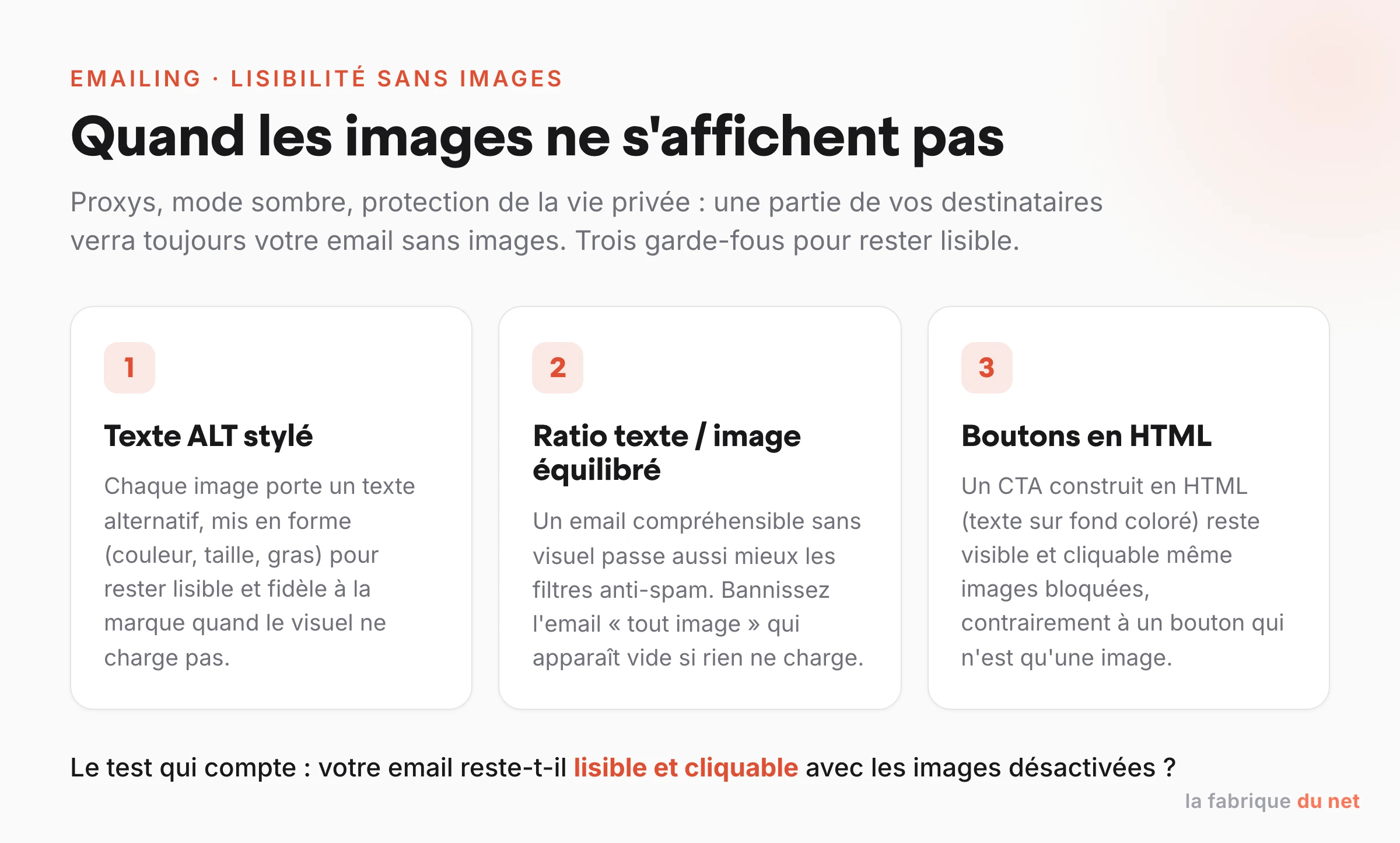 Trois garde-fous pour un email lisible quand les images ne s’affichent pas : texte ALT stylé, ratio texte image équilibré, boutons en HTML