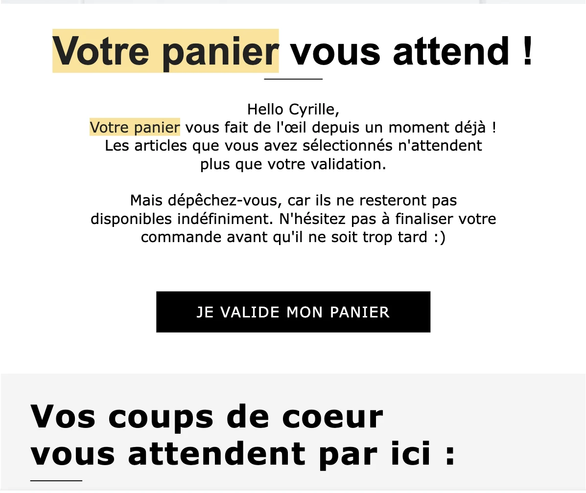 Exemple réel de relance de panier abandonné : l'email « Votre panier vous attend » de Jules, avec urgence douce et call-to-action unique