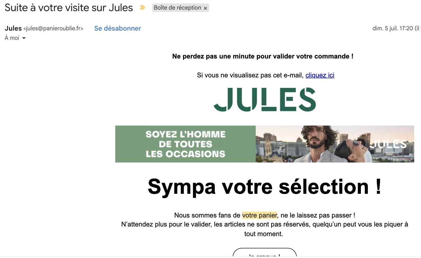 Exemple réel d'email déclenché par le tracking comportemental : « Suite à votre visite sur Jules », envoyé depuis le domaine dédié panieroublie.fr